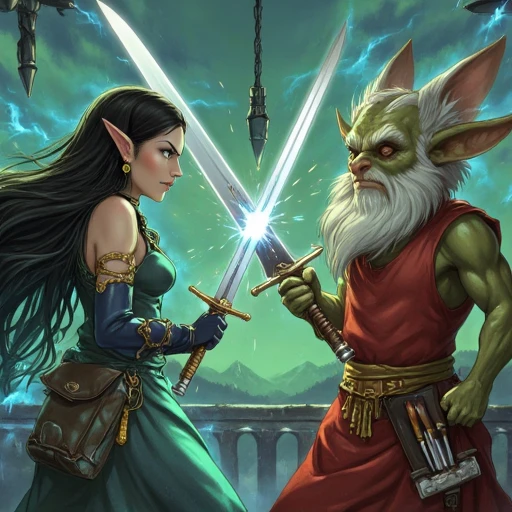 Anime style image of battle scene where two sword wielding characters clash their blades against each other the character on left is a hauntingly beautiful woman. The artwork is rendered in a digital medium, likely using software like Adobe Photoshop or Illustrator, with a focus on vibrant, glowing, and swirling effects. The woman has long, flowing hair that appears to be made of a glowing, ethereal substance, with colors shifting between various shades of teal and green, creating a mesmerizing, almost liquid-like texture. the character on the right is green skined gremlin with long white beard, gremlin hold a big brush that is bigger then him, the brush is stained with paint, the gremlin is dressed in renaissance clothing resembling leonardo Da Vinci and an apron, also wears multiple pouches with smaller brushes and sculpting tools sticking out of them