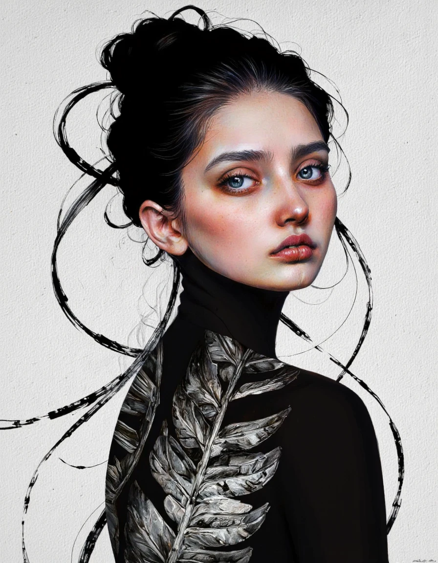 By Laura H. Rubin. A digital illustration shoot from a profile camera angle about a close-up portrait of a young woman with striking features, featuring a striking black and white color scheme. the image also shows abstract lines and brush strokes in the background. on the middle of the image, a 20 years old woman appears to be facing the viewer, looking directly at the viewer with her blue eyes. she has fair skin, black hair styled in a neat updo, and is wearing a black turtleneck with a textured, feather-like pattern. her expression is neutral, with parted lips and a subtle nose. her body is slim and she is wearing minimal clothing. the background is a plain, light-colored wall with a subtle texture. <lora:Laura_H._Rubin_II:0.8>