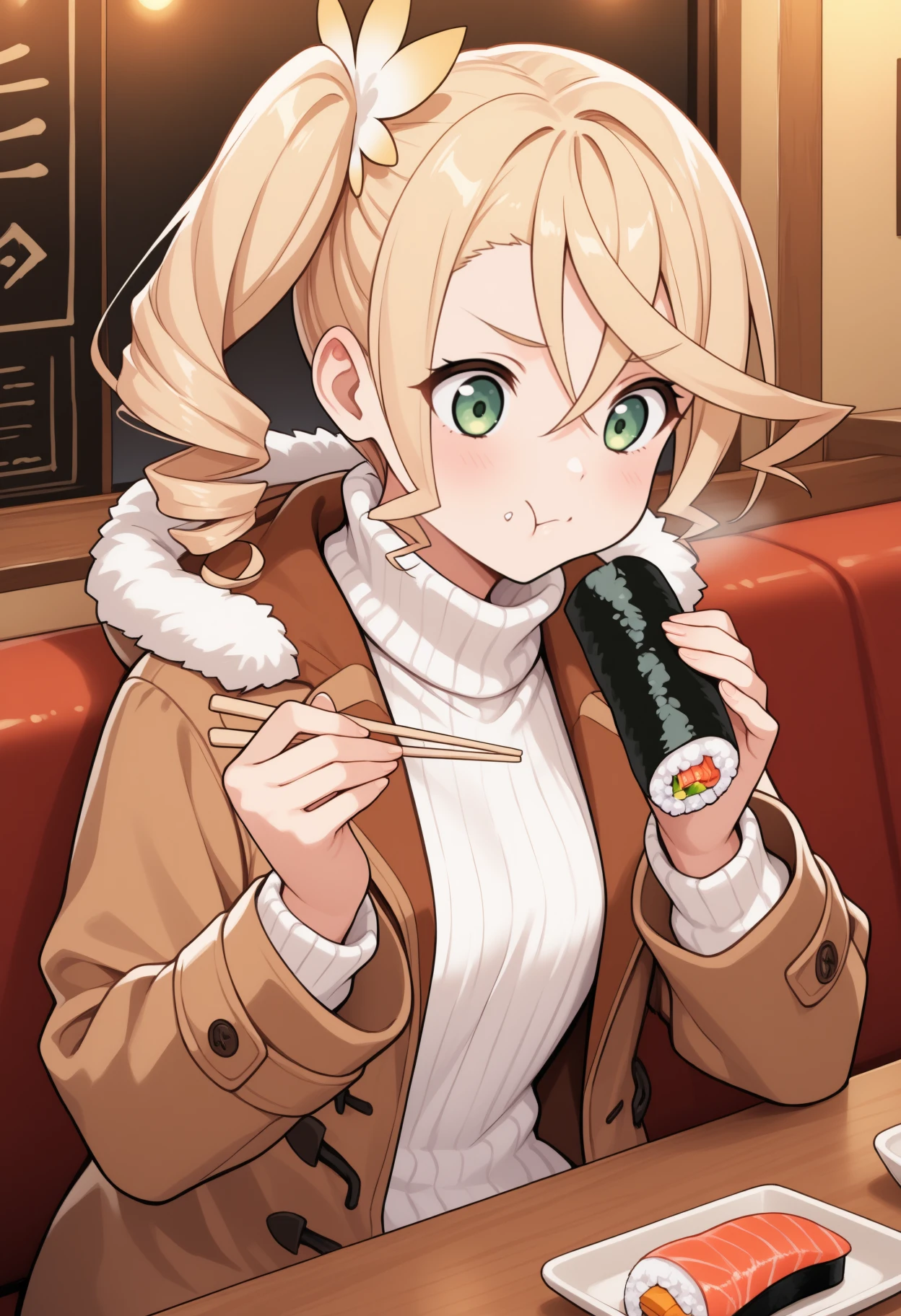 masterpiece, best quality, upper body, solo, 1girl, al1sharnd, eating, :t, looking at food, sitting, holding chopsticks, long hair, blonde hair, hair between eyes, drill hair, side ponytail, green eyes, winter clothes, brown coat, open coat, fur-trimmed hood, long sleeves, white sweater, ribbed sweater, turtleneck sweater, indoors, restaurant, table, sushi
<segment:yolo-Anzhc Face seg 640 v2 y8n.pt,0.4,0.5//cid=1>