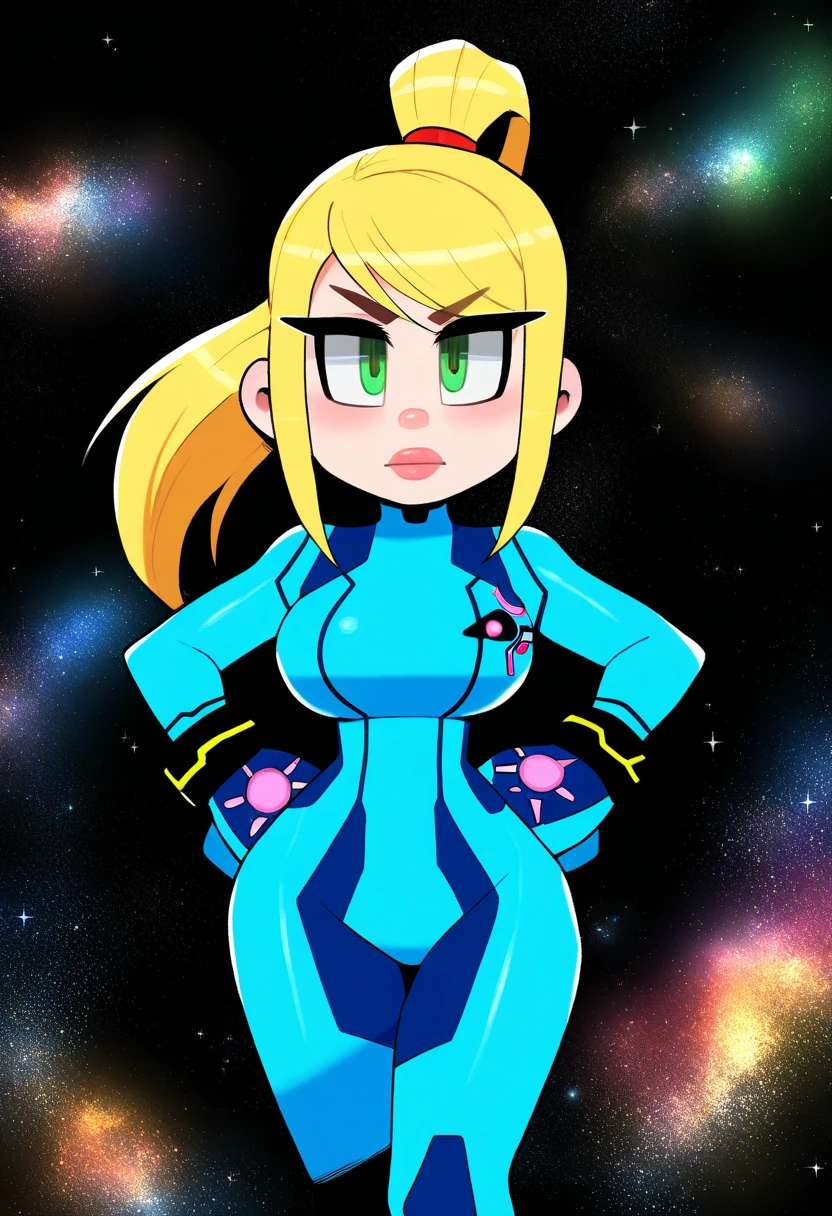 best quality, amazing quality, very aesthetic, absurdres,
BREAK
(black background, galaxy background, starry background:1.8)
1girl, samus aran, green eyes, blonde hair, medium hair, ponytail, sidelocks,
blue bodysuit,
looking at viewer, standing, hands on hips, <lora:ThiccverseNoobLocon_byKonan:1>