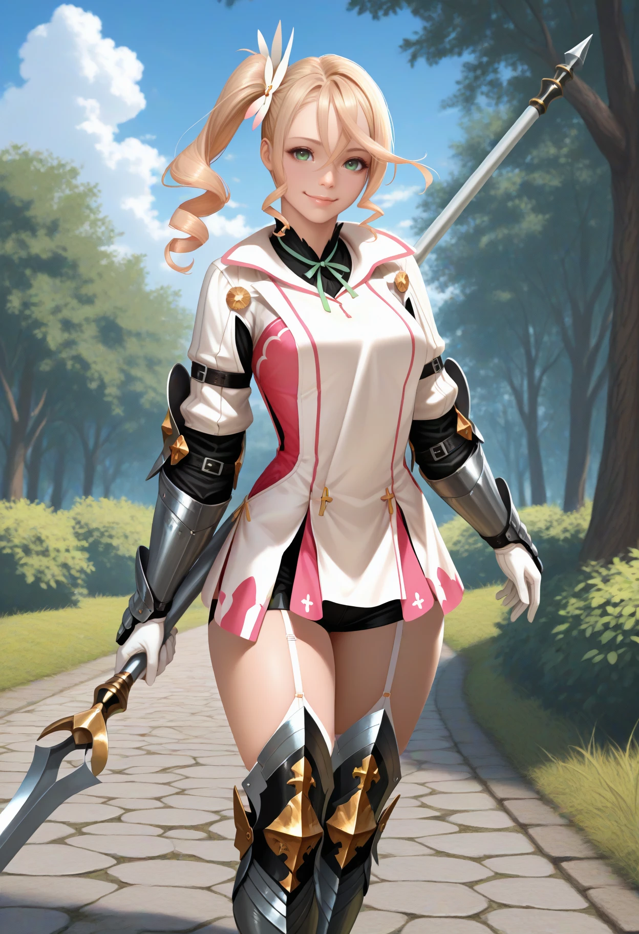 masterpiece, best quality, realistic, solo, 1girl, al1shadef, smile, looking at viewer, standing, holding polearm, polearm behind back, long hair, blonde hair, hair between eyes, drill hair, side ponytail, hair ornament, green eyes, armor, short dress, two-tone dress, pink dress, white dress, black shirt, neck ribbon, green ribbon, black belt, arm belt, white gloves, gauntlets, black shorts, thighhighs, garter straps, armored boots, knee boots, greaves, outdoors, blue sky, cloud, grass, tree, bush, cobblestone
<segment:yolo-Anzhc Face seg 640 v2 y8n.pt,0.4,0.5//cid=1>