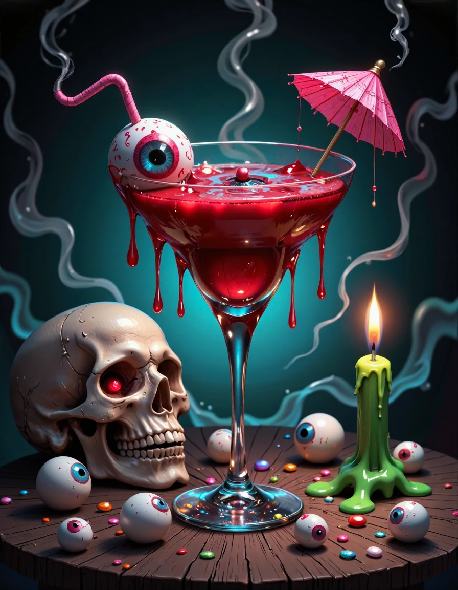 A large stemmed cocktail glass filled with a bright red liquid and topped with dripping slime, a decorative eyeball on a straw, and a small pink paper parasol. A skull sits on the table to the left of the glass, and a green, melting candle is positioned to the right. Several smaller skulls and loose eyeballs are scattered on the tabletop around the base of the glass and candle. Dark, swirling smoke emanates from the drink and the candle. The background is a dark teal, and the scene is dramatically lit. The overall style is creepy, Halloween-themed, and slightly cartoonish.