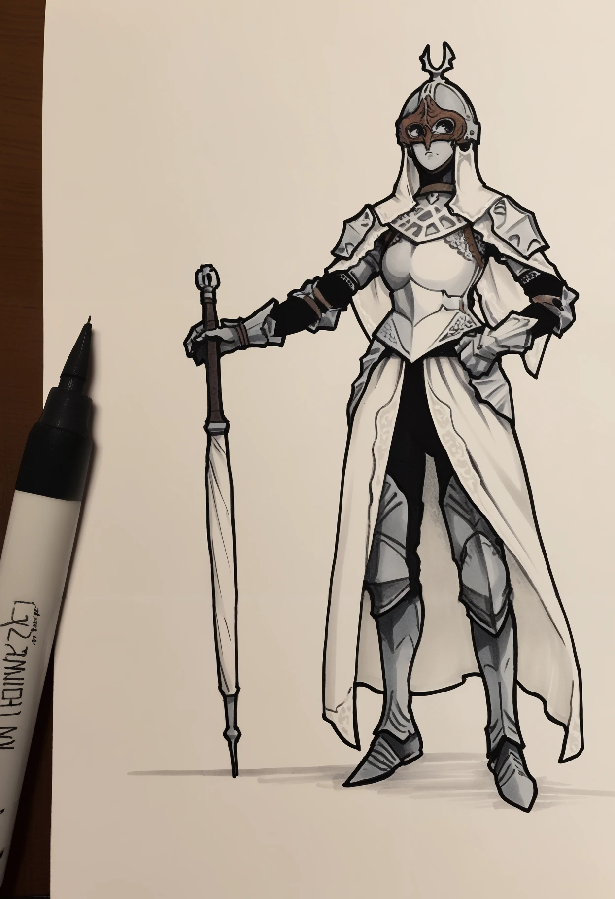 masterpiece, best quality, eztmnzrth, colored skin, grey skin, white veil, white capelet, helm, eye mask, covered eyes, breastplate, chainmail, shoulder armor, gauntlets, faulds, waist cape, white cape, greaves, whiteboard \(medium\), marker \(medium\), photoshop \(medium\), traditional media, monochrome, graphite \(medium\)
<lora:Throne Watcher:0.8>