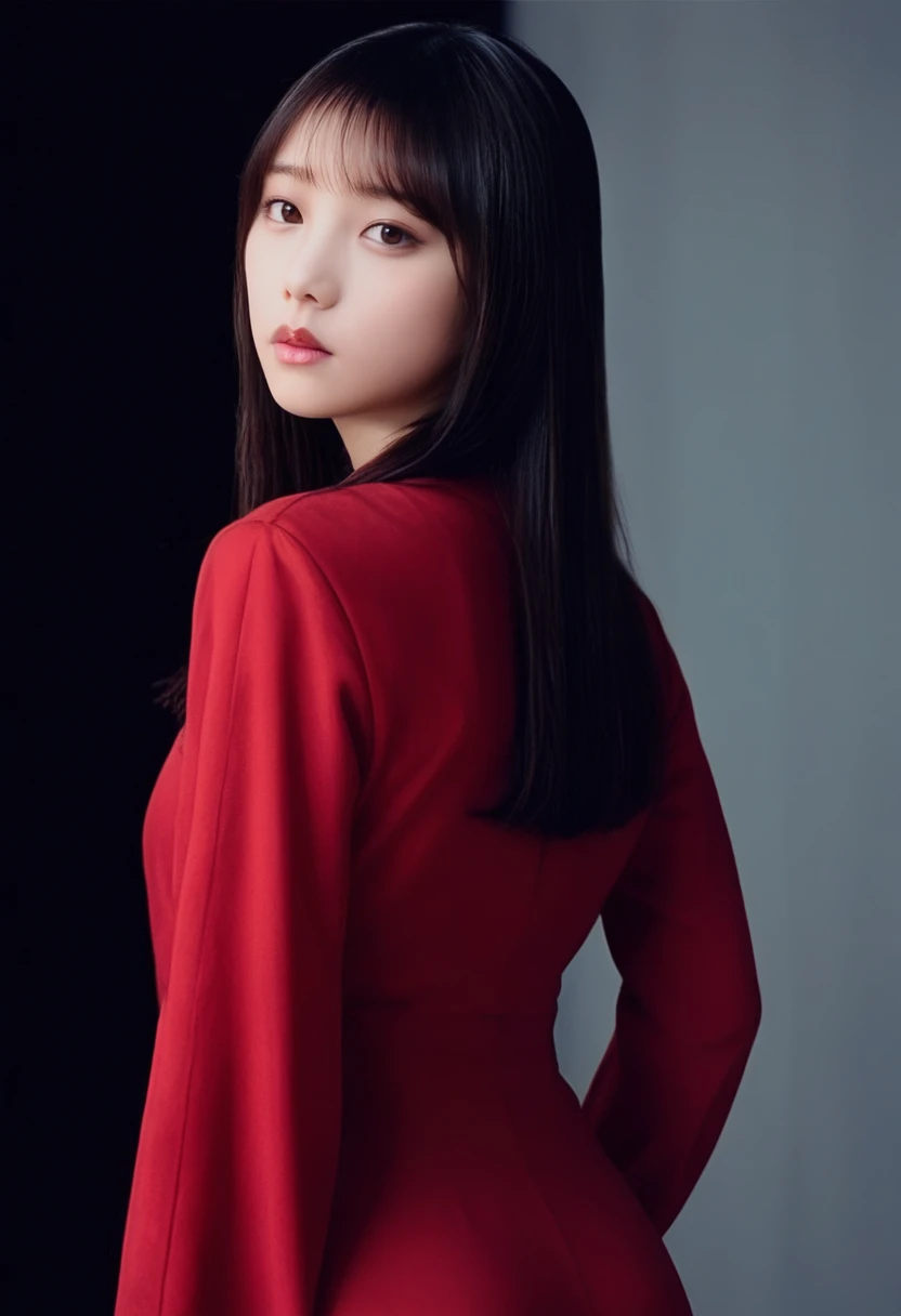 score_9,score_8_up,score_7_up,8k,hd,realistic,real life,(photorealistic),detailed,realism,1girl,solo,perfect lighting,portrait,(film grain:1.3),soft focus,soft light,blurry background,from behind,medium breasts,<lora:yodachan_v4_novaa50_3150-000040:1>,yodachan,looking at viewer,long hair,bangs,black hair,brown eyes,mole,parted bangs,(shortstack:0.6),(red dress),(long sleeves:1.4),bare back,looking back,dark room,(black background),