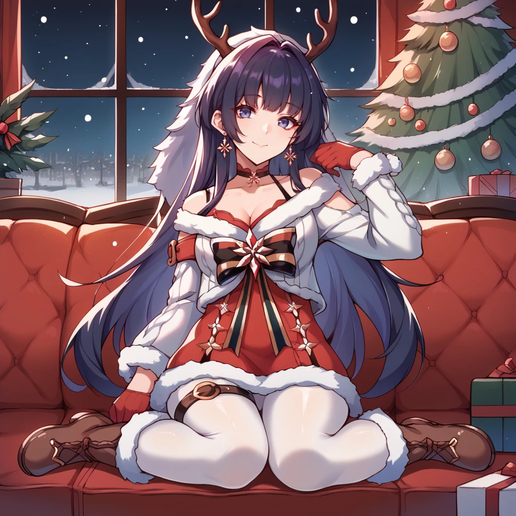 score_9_up, score_8_up, score_7_up, source_anime, 1girl, solo, living room, cozy, fireplace, sofa, window, snowing outside, dimmed light, potted plant, sitting on sofa, hands on own lap, xmas decorations, xmas tree, presents, sweet smile, closed mouth, looking at viewer, full body, angled shot, head tilt, brown footwear, fur-trimmed boots, purple hair, long hair, raiden mei, RMei, Fol002, RM_Hon, blue eyes, fur-trimmed dress, fur-trimmed sweater, straped dress, shoulder straps, cropped sweater, white sweater, off-shoulder sweater, red dress, fur-trimmed skirt, snowflake, fur-trimmed sleeves, alt white sleeves, fur-trimmed wrist cuffs, alt half gloves, alt red gloves, leather thigh strap, antlers, alt striped bow, black bow, big bow, pantyhose, white pantyhose, red armband, o-ring choker, snowflake earrings, fur-trimmed veil, pom pom (clothes), cleavage,