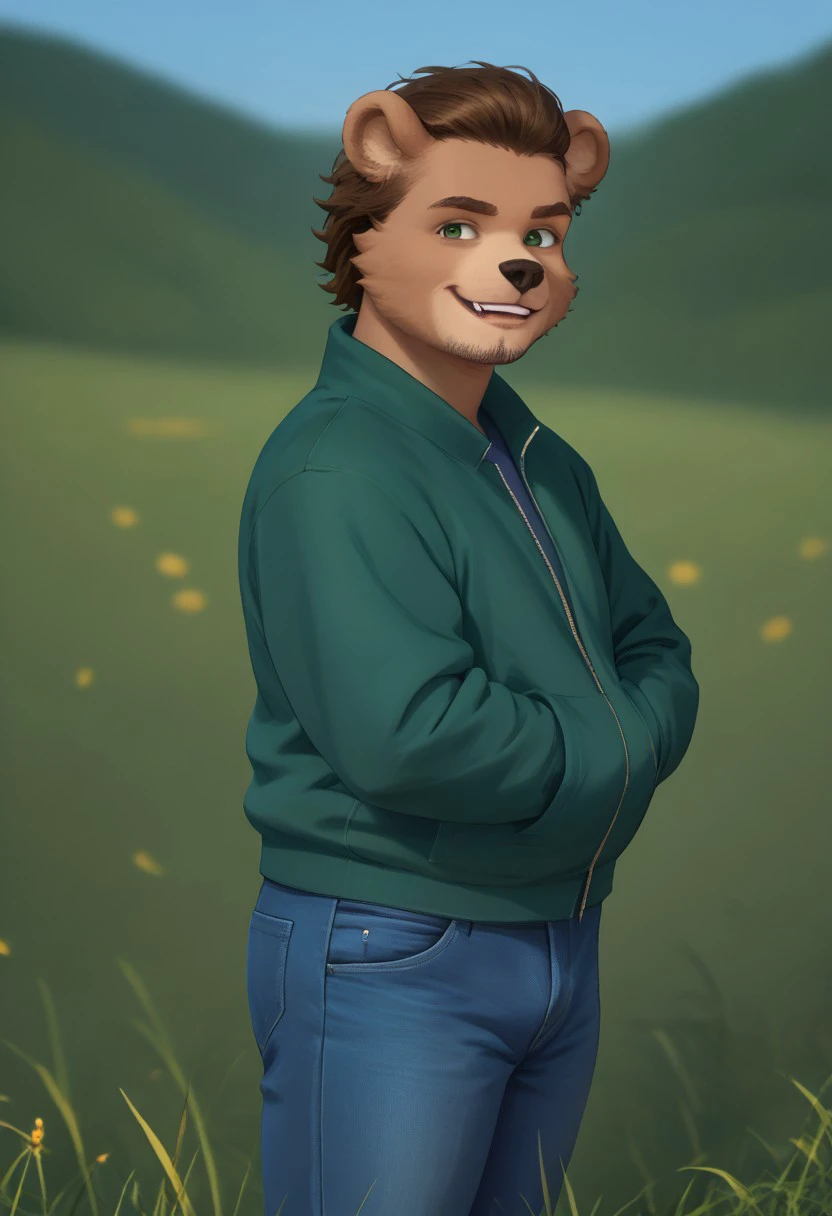 masterpiece, newest, safe, (male, masterpiece), best quality, expressive eyes, perfect face, ((hairstyle backwards)), (blue tshirt, green field jacket, blue jeans, brown mountain boots), ((bear fursona, bear)), ((short length hair, combed back hairstyle, combed back)), brown haired, brown skin, black shirt, fursona, furry, adult young, green eyes, male, bare forehead, no pompadour, big elbrows, little bit chubby, no beard, detailed eyes, smiling, chin beard, solo male, detailed, dbearian, bearian25,
BREAK
detailed background, highly detailed,
score_9_up,score_8_up,score_7_up,score_6_up