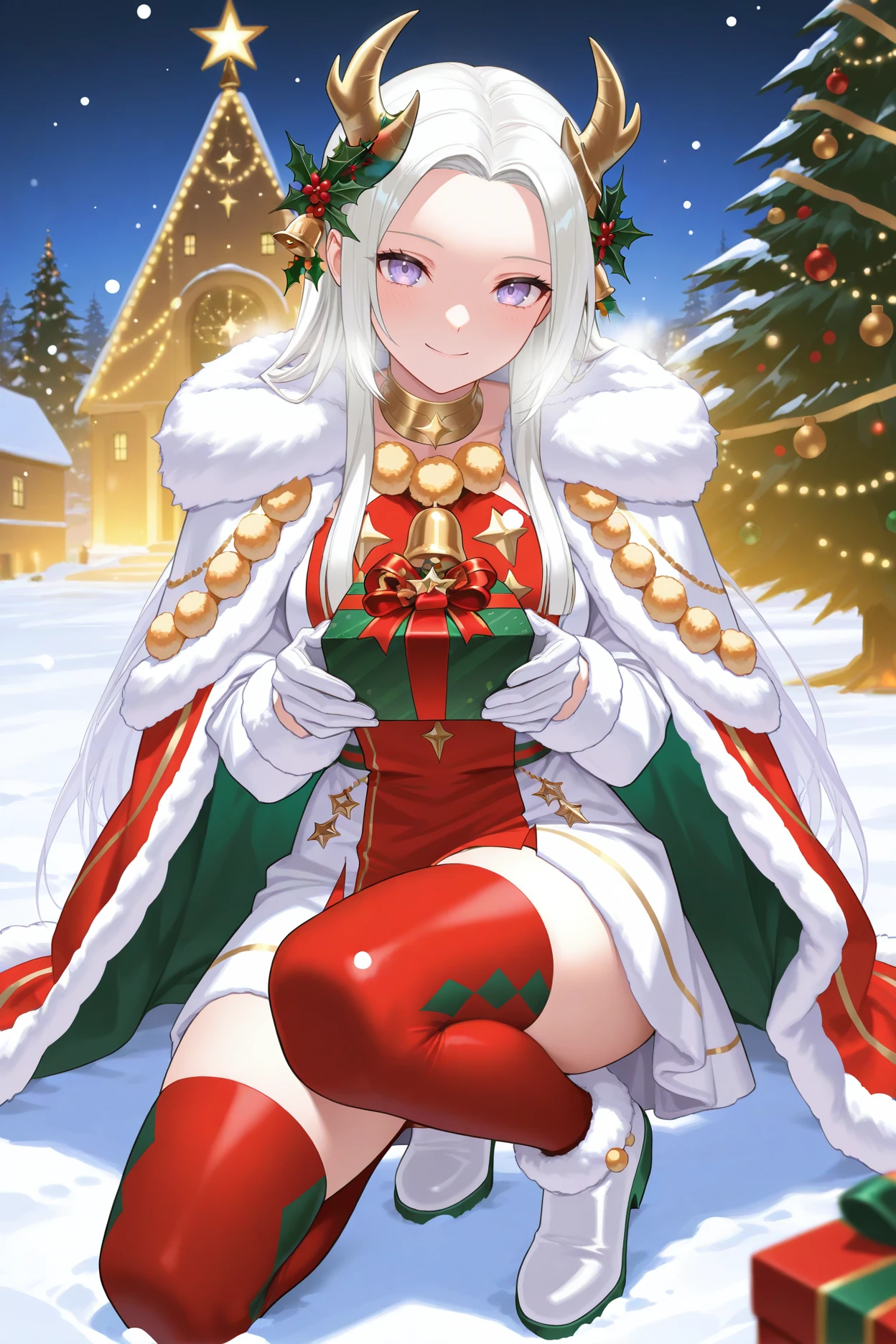 masterpiece, best quality, 1girl, solo, <lora:feedelgard-illu-nvwls-v1-000006:1> wntredel, long hair, white hair, sidelocks, purple eyes, fake horns, holly hair ornament, gold choker, bell, fur-trimmed cape, multicolored cape, fur trim, two-tone dress, christmas dress, red tabard, white gloves, red thighhighs, white shoes, holding gift box, snow, winter, christmas tree, looking at viewer, smile
