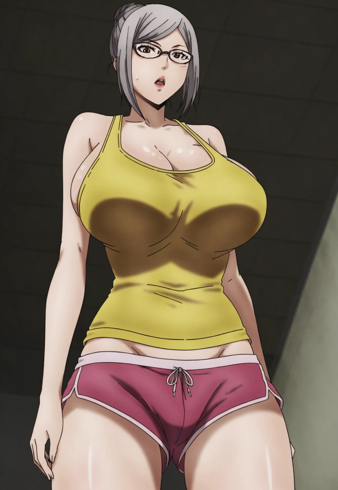 safe_pos, score_9, 1girl, solo, huge breasts, grey hair, brown eyes, hair bun, single hair bun, glasses, oval-shaped glasses, bangs, side-swept bangs, breasts, tank top, yellow tank top, shorts, shorts shorts, Narrow shoulders, looking at viewer, indoors, pov, arm support, from below
