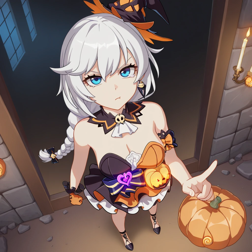 masterpiece, best quality, ultra-detailed, very asthetic, year 2023, very aesthetic, newest, scenery, highres, 4k, absurdres, 8k, colorful,vibrant, glowing, perfect face, 2d, perfect eyes, detailed eyes, 1girl, solo, black high heels, gothic interior, dark castle, window, gothic style, candles, indoors, stone bricks, dimmed light, removed shoes, holding high heels, looking at viewer, pointing index finger at you, from above, pov, annoyed pouting, tears, foreshortening, full body, feet, face focus, KalKas, Fol002, Kk_Pmp, white hair, long hair, braided ponytail, jack-o'-lantern, blue eyes, hallowee costume, strapless dress, bubble skirt, two-tone dress, orange dress, black dress, witch hat, detached collar, white ascot, frilled skirt, layered skirt, alt jewelry, cleavage, purple heart (symbol), pumpkin, single bracelet, orange single glove, single frilled wrist cuff, earrings, leg ornament,