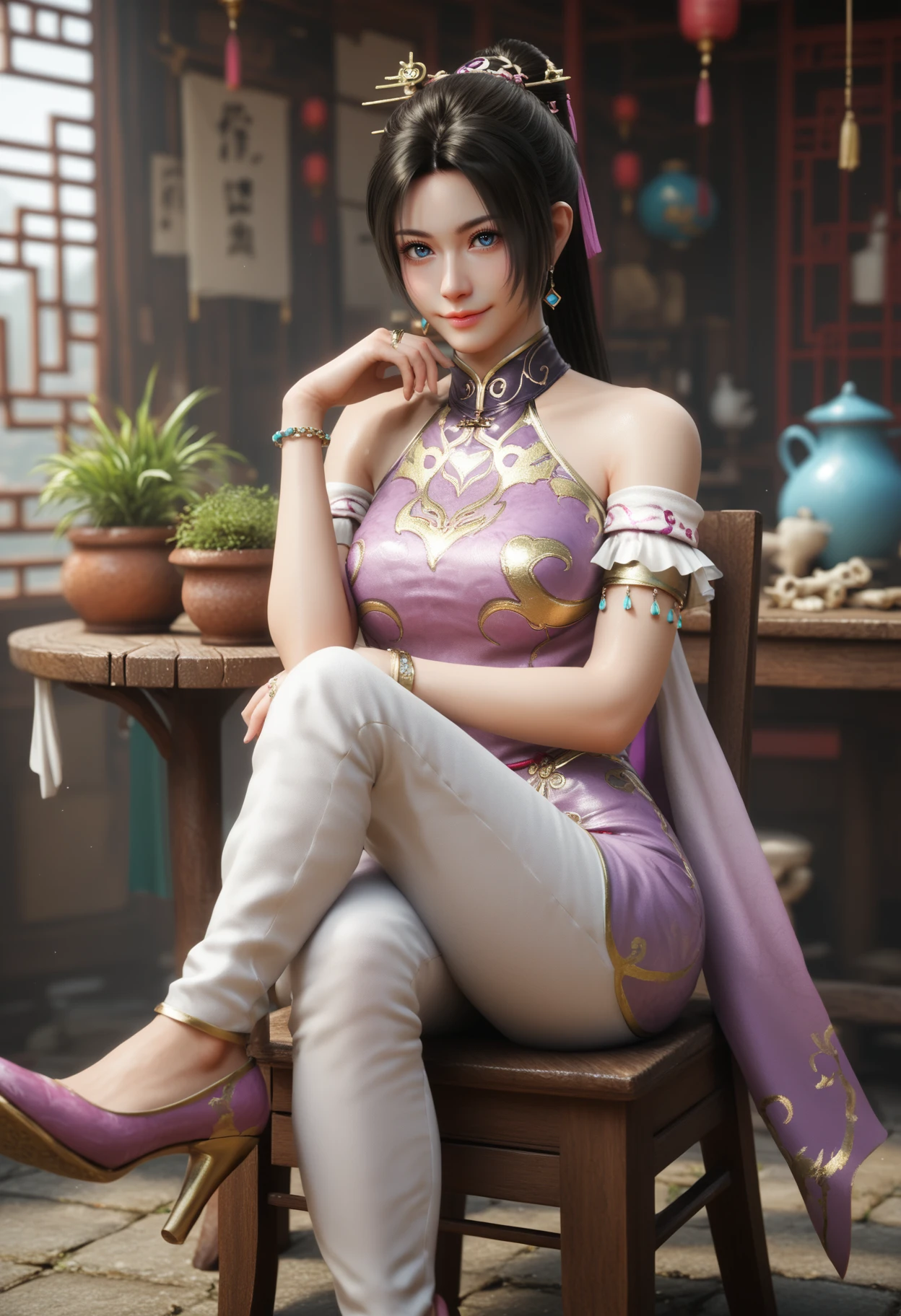 score_9_up, score_8_up, score_7_up, score_6_up, score_5_up, score_4_up,realistic, strong lighting,
1girl, solo, portrait, 
 <lora:Diaochan [pony]:0.6> diaochan, 1girl, jewelry, earrings, black hair, blue eyes, long hair, ponytail, hair ornament||, bare shoulders, dress, purple dress, bracelet, chinese clothes, || puffy pants, pink shoes, full body,
glistening eyes, glossy lips, 
sits, table, chair, crossed legs, arm rest, head on hand, head resting on hand, looking at viewer, smile, bone china, pots,