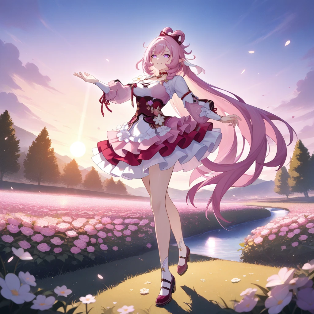 masterpiece, best quality, ultra-detailed, very asthetic, year 2023, very aesthetic, newest, scenery, highres, 4k, absurdres, 8k, colorful, vibrant, glowing, perfect face, 2d, perfect eyes, detailed eyes, 1girl, solo, sunset, river, flower field, too many flowers, dancing, half-opened eyes, gentle smile, full body, red mary janes, flower bushes, petals, trees, detailed background, sun, day, sky, clouds, elysia (honkai impact), Elys, Fol003, Ely_Spr, long hair, pink hair, pointy ears, purple eyes, hair ring, braid, red ribbon, alternative ribbon, alt hair bow, red choker, pink dress, layered dress, layered skirt, cross-laced corset, red corset, alt frills, multicolored skirt, alternate frilled skirt, pink ribbon, puffy long sleeves, masterpiece, best quality, ultra-detailed, very aesthetic, newest, scenery, absurdres, perfect anatomy, perfect legs, perfect face, perfect eyes,