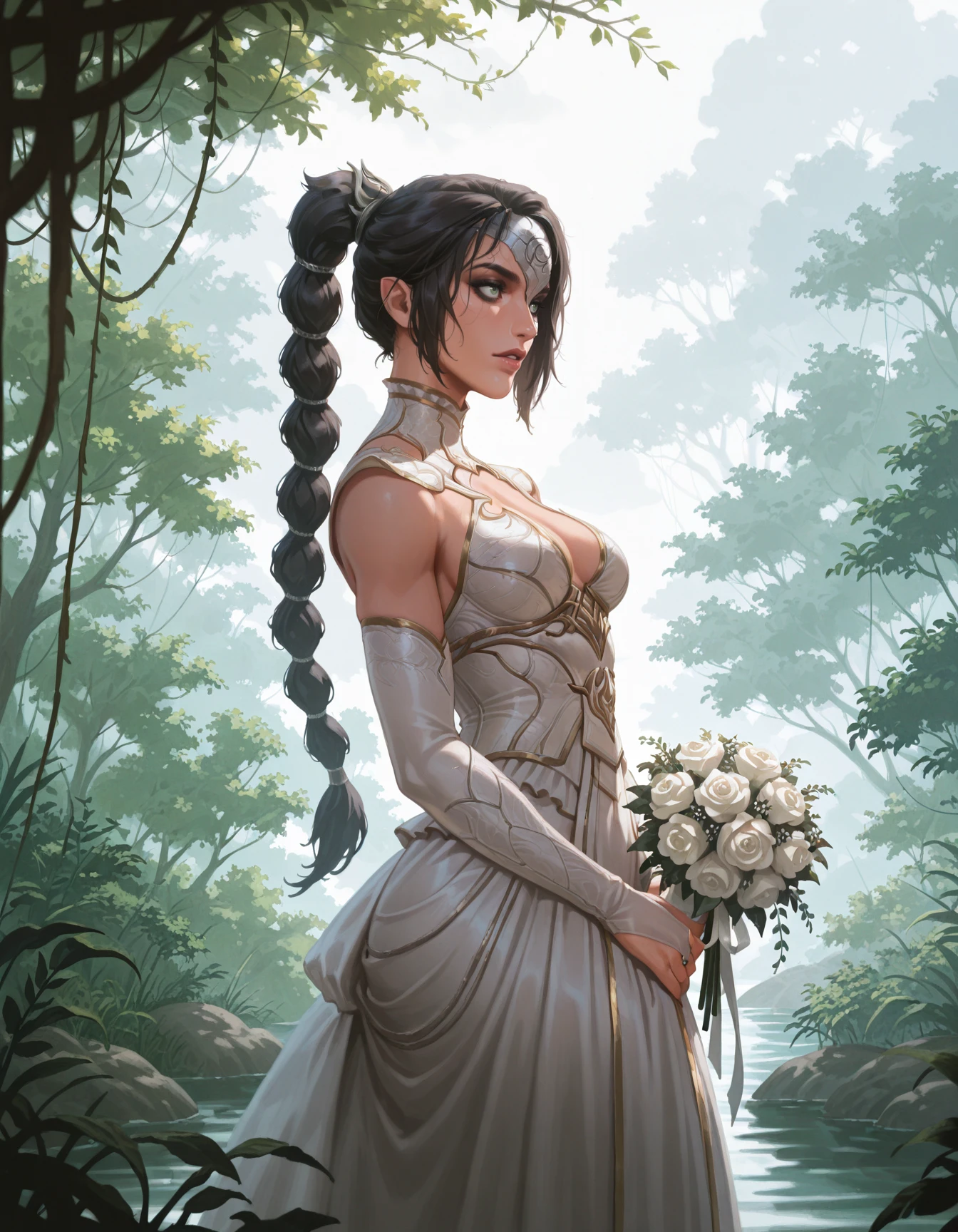 realistic, 1girl, solo, (silver mask:1.2), shadowheart \(baldur's gate\), standing, from side, white wedding ballgown, green eyes, turtleneck, gold trim, holding bouquet, <lora:KatBM-ILXL2025-01-19_13-31-41-save-408-51-0:1>, outdoors, gothic style, <lora:Style_soph-5E-FantasyPortrait-ILXL:0.9> 5ephb, fantasy illustration, bouquet foreground, hands in lap, bridal gauntlets, masterpiece, best quality, very aesthetic, newest