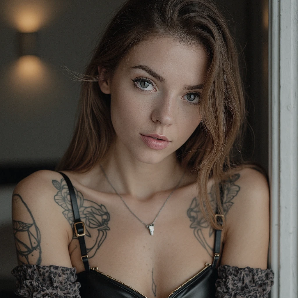 Crée une image d’une magnifique femme blonde avec de longs cheveux dorés. Elle a quelques tatouages élégants sur le corps : un sur son bras supérieur et un autre le long de son flanc. Ses traits sont saisissants, avec des yeux bleus perçants et une expression à la fois confiante et chaleureuse. Elle porte une tenue moderne et stylée qui met en valeur ses tatouages, soulignant sa beauté et son individualité. L’arrière-plan est simple, mettant en avant la femme comme point focal.