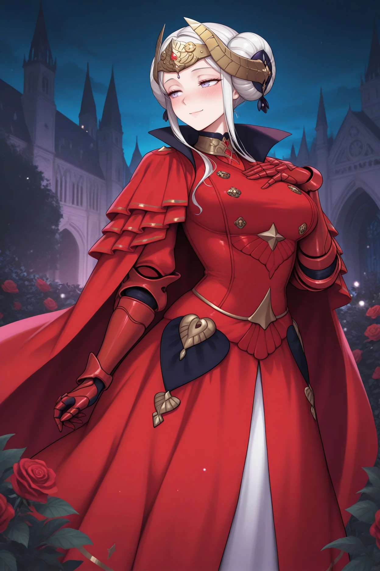 masterpiece, best quality, 1girl, solo, <lora:feedelgard-illu-nvwls-v1-000006:1> timeskipedel, white hair, double bun, sidelocks, purple eyes, gold headpiece, gold crown, red cloak, red dress, long dress, long skirt, red gauntlets, half-closed eyes, smile, blush, hand on own chest, holding red rose, night, garden, gothic architecture, looking to the side, hand up