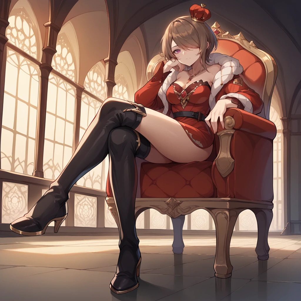 score_9_up, score_8_up, score_7_up, source_anime, 1girl, solo, throne room, sitting on throne, head rest, looking at you, evil bored, foreshortening, from below, from angled shot, crossed legs, closed mouth, head tilt to side, arm rest, full body, luxurious interior, chandelier, brown hair, hair over one eye, purple eyes, rita rossweisse, Rita, Fol001, Ri_Que, strapless dress, red dress, puffy coat, open coat, red coat, puffy long sleeves, gold trim, jewelry, black belt, cleavage, necklace, mini crown, thigh boots, alt black footwear,