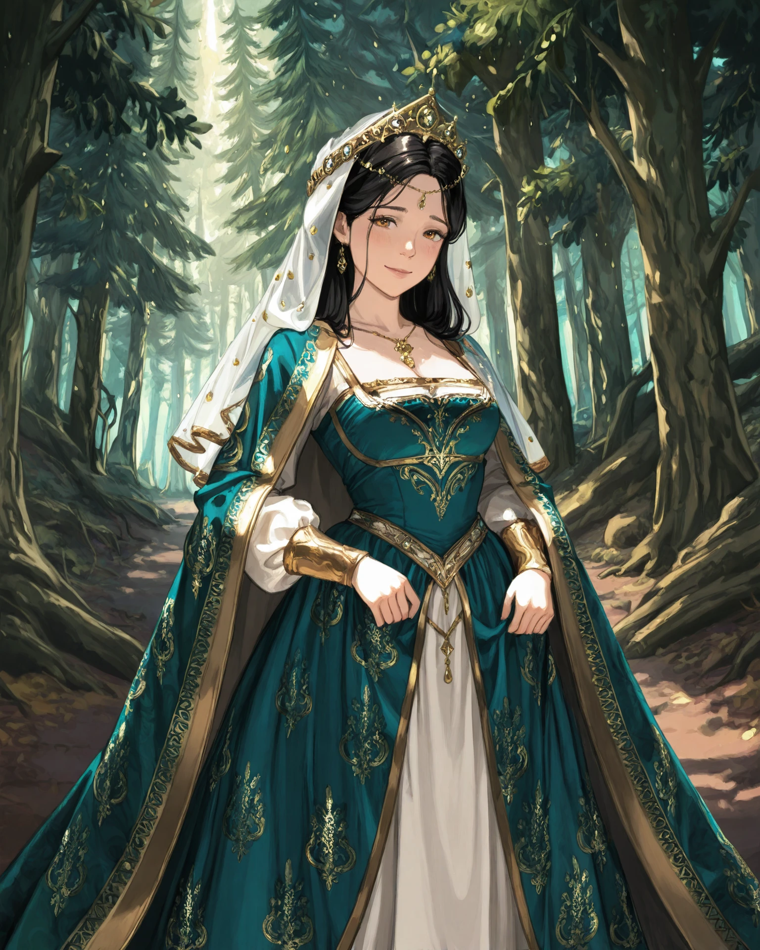 1girl, wearing medfa, medfa clothing, waist-up, extremely detailed clothing, jacquard fabric, gold embroidery, gentle eyes, enchanted forest, sunny raindrops, masterpiece, highest quality, absurdres, digital art, very detailed, 8k, best quality, high resolution, <lora:Medieval_Fashion_Illustrious:1.2>, <lora:granblue-noob:1>