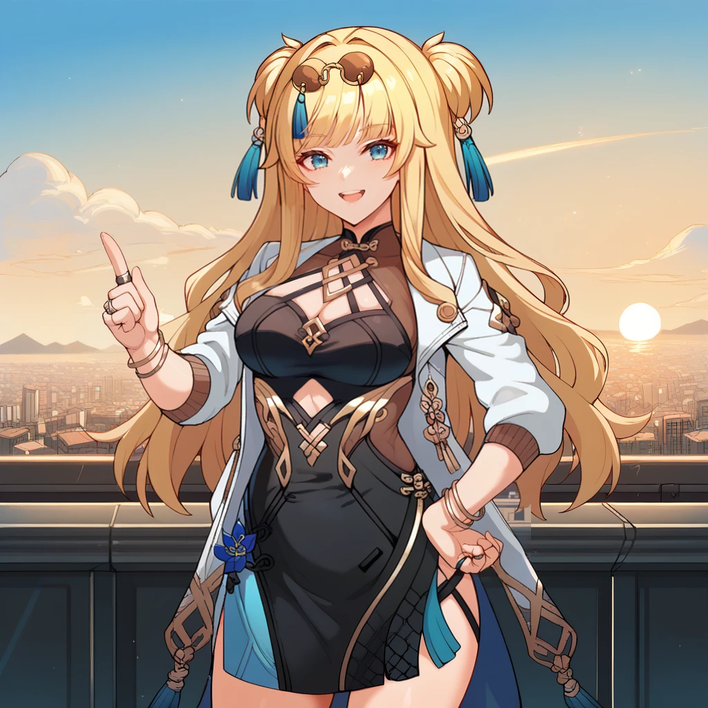score_9_up, score_8_up, score_7_up, source_anime, 1girl, solo, detailed background, rooftop, cityscape, index finger up, cheerful smile, half-opened mouth, sun, sky, clouds, posing, standing, hand on hip, looking at you, smile, cowboy shot, long hair, Songque, Fol001, Sq_Def, blue eyes, blonde hair, double hair bun, eyewear on head, sunglasses, round eyewear, blue tassel, white jacket, open jacket, collared jacket, white sleeves, sleeves past elbows, dark blue flower, tassel hair ornament, china dress, black dress, cleavage cutout, cleavage, clothing cutout, criss-cross halter, gold trim, side cutout, bodystocking, brown bodystocking, jewelry, tinted eyewear, multiple bracelets, multiple rings, stole, white stole, short front long back skirt, light blue skirt, black skirt, side slit,