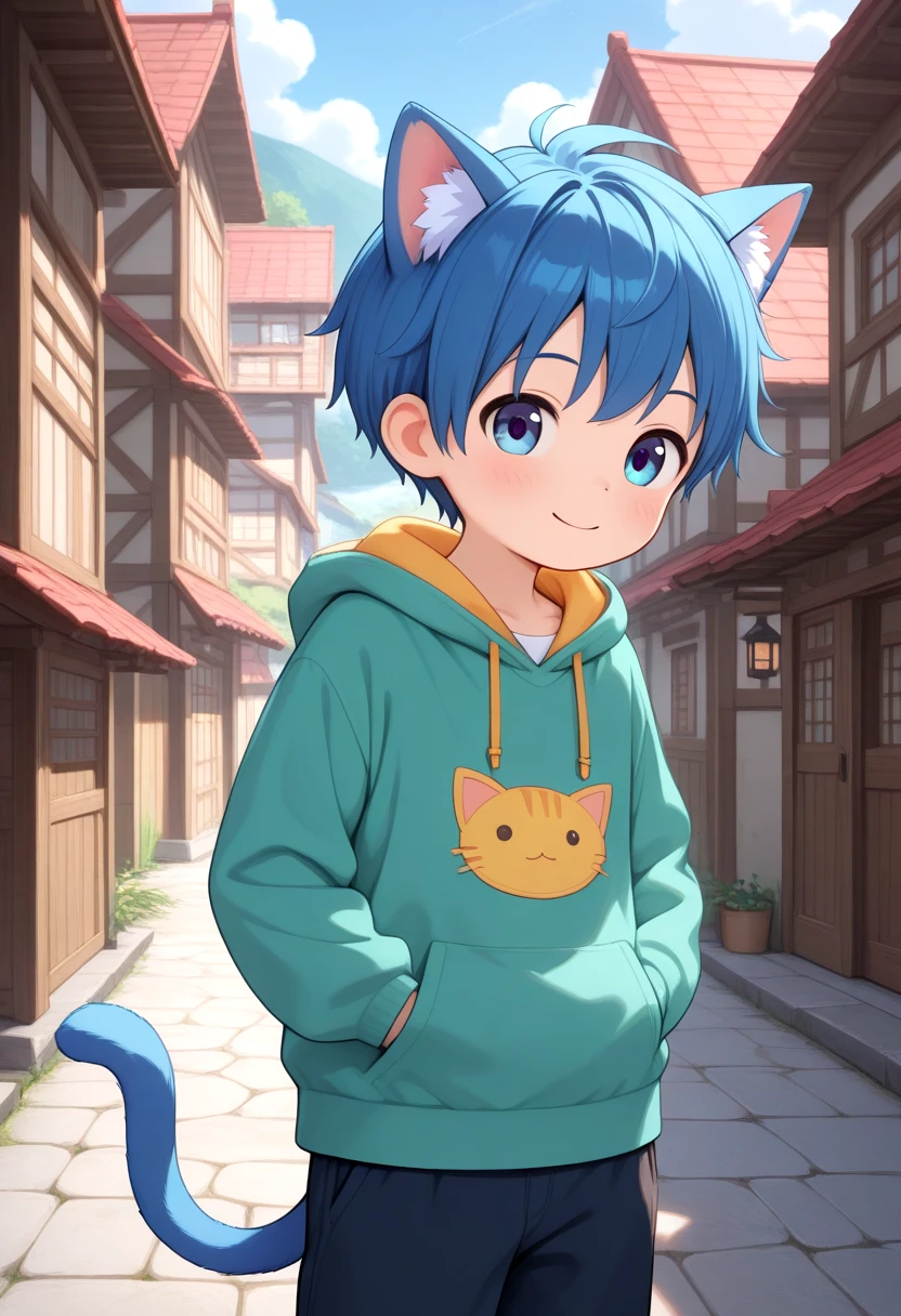 <lora:cutifiedanimecharacterdesign_variant_type_G_IL_v10:1>
straight on shot, standing,detailed eyes, village,
1boy, type-g, cat boy, blue hair, happy pose, loved face expression, outdoor, tail, hoodie, hood down, hands in pocket, long pants