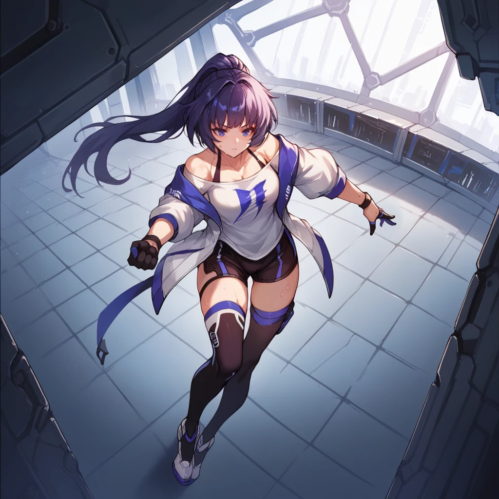 score_9_up, score_8_up, score_7_up, source_anime, 1girl, solo, futuristic background, facility, laboratory, metallic walls, indoors, fighting stance, sweat, looking ahead, full body, dynamic pose, purple hair, raiden mei, ponytail, RMei, Fol002, RM_Stf, blue eyes, off-shoulder shirt, long shirt, white shirt, off-shoulder jacket, white jacket, blue trim, alternate black gloves, half gloves, puffy long sleeves, (open jacket)++, white sleeves, black wristband, blue thigh strap, black thighhighs, alternate thighhighs, ponytail,