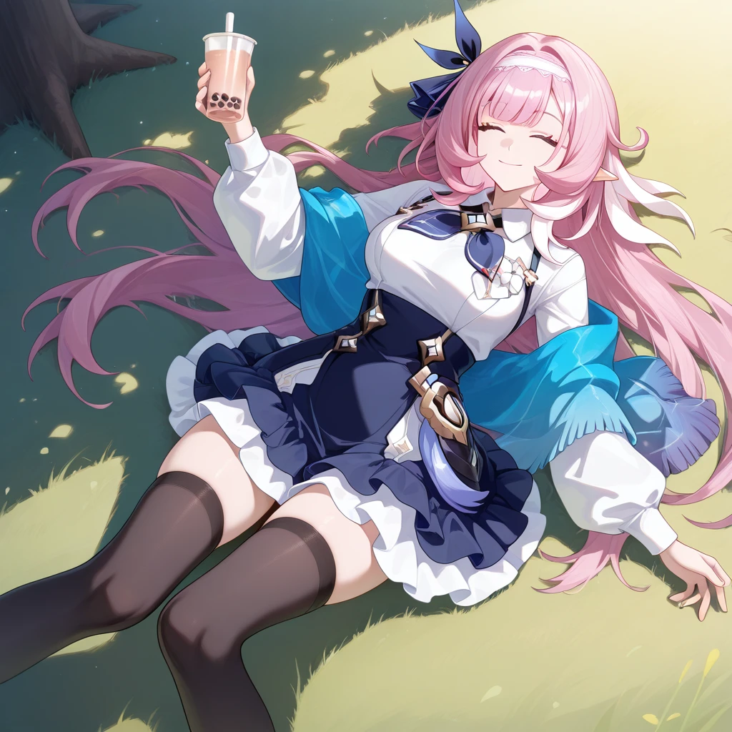 masterpiece, best quality, ultra-detailed, very asthetic, year 2023, very aesthetic, newest, scenery, highres, 4k, absurdres, 8k, colorful,vibrant, glowing, perfect face, 2d, perfect eyes, detailed eyes, 1girl, solo, park, lying on grass, holding boba tea, from above, happy smile, closed mouth, closed eyes, single bend knee, elysia (honkai impact), Elys, Fol001, Ely_Bte, pointy ears, long hair, pink hair, blue eyes, alt white shirt, collared shirt, long sleeves, alt white sleeves, blue shawl, shawl, dark blue skirt, alt frilled skirt, alt black ribbon, alt ribbon, neck ribbon, alt hairband, black thighhighs, hair ribbon, shoulder straps, masterpiece, best quality, ultra-detailed, very aesthetic, newest, scenery, absurdres, perfect anatomy, perfect legs, perfect face, perfect eyes,