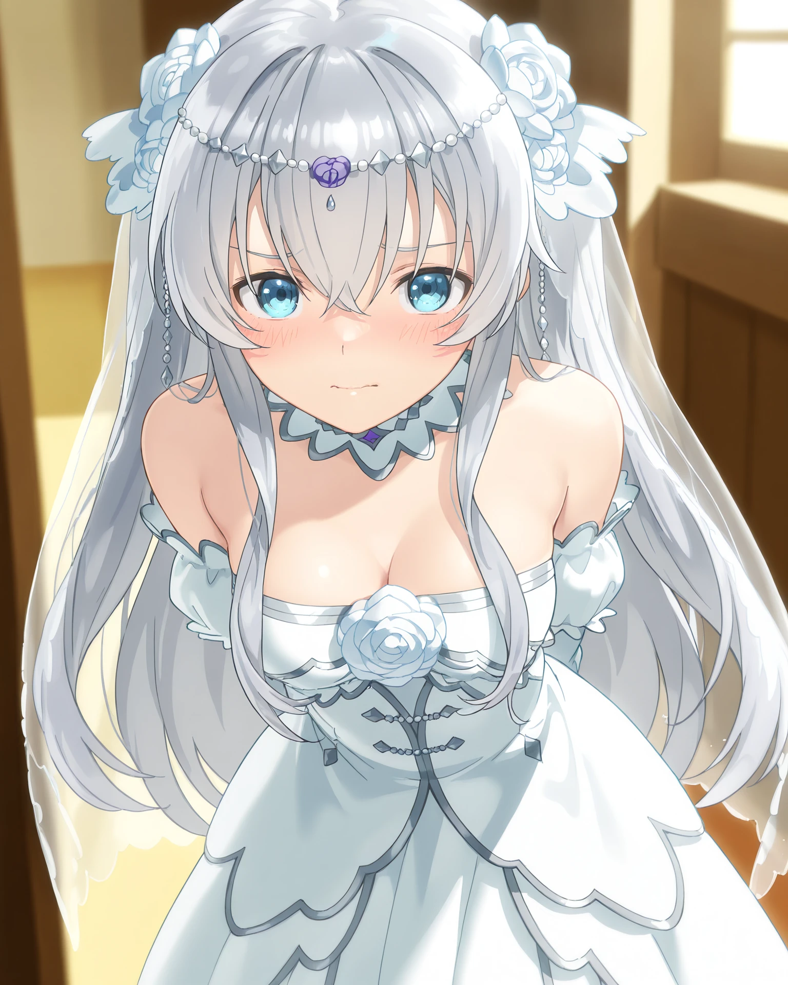 NSFW,Kazuki Kazami、Silver Hair、Long Hair、Red Eye、(High-quality tight dress:1.5),(Perfect hands),(Perfect Anatomy),(masterpiece),(Highest quality),Embarrassed,blush,Luxurious mansion,chandelier