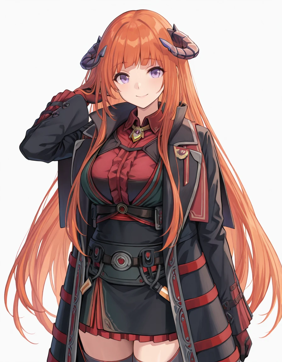 (masterpiece), (best quality), (ultra-detailed), masterpiece, score_9, score_8_up, score_7_up, source_anime BREAK, illustration, disheveled hair, detailed eyes, perfect composition, moist skin, intricate details, Bagpipe, very long hair, orange hair, purple eyes, bagpipe_horns BREAK, RGuard, RG_shirt, red shirt, black jacket, black skirt, RG_gloves, RG_jacket, RG_pantyhose BREAK, detailed fingers, smile, cowboy shot, white background, looking at viewer, hand up, hand on hair, thighs