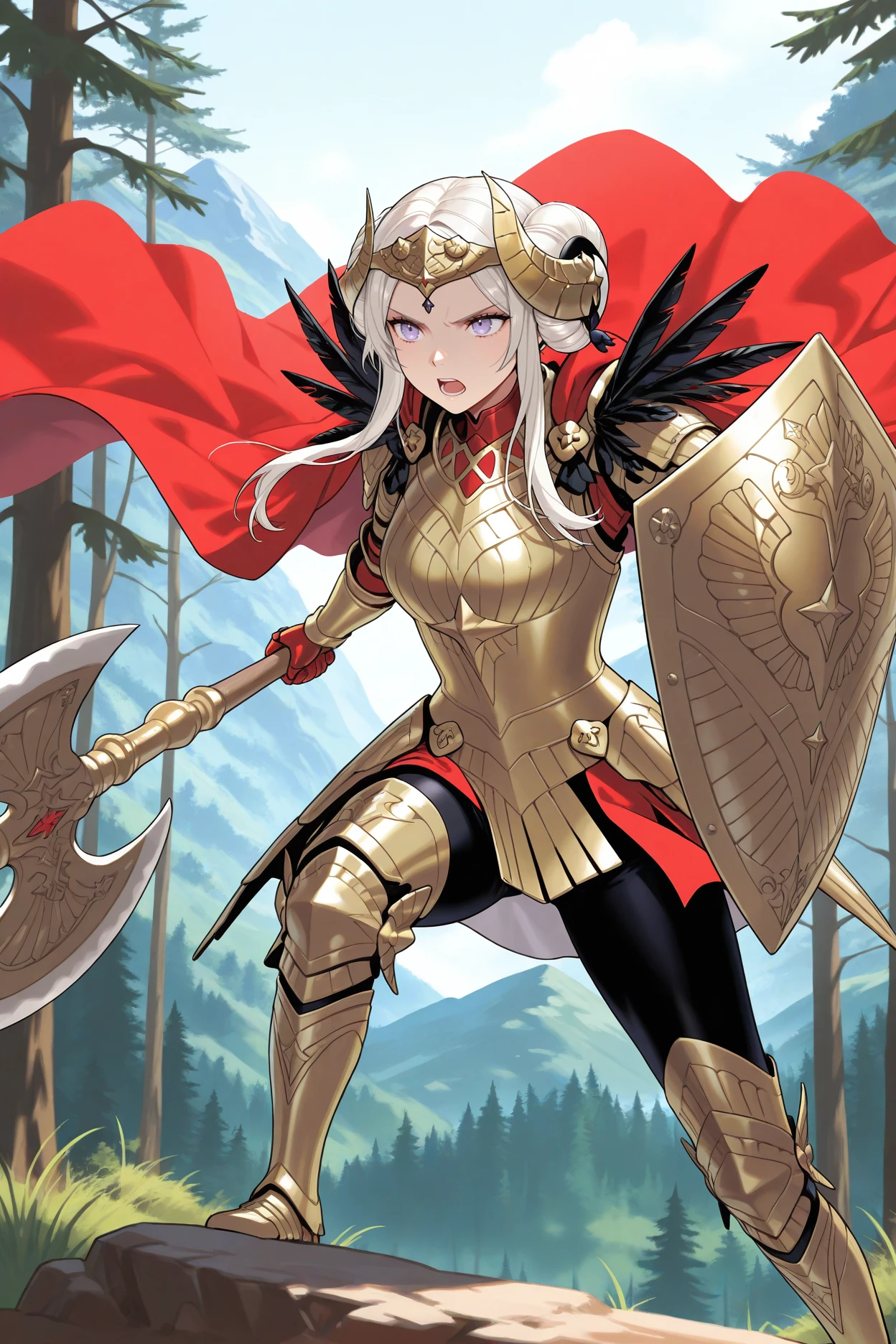 masterpiece, best quality, 1girl, solo, <lora:feedelgard-illu-nvwls-v1-000006:1> braveedel, white hair, double bun, sidelocks, purple eyes, gold headpiece, gold crown, feather trim, red cape, gold armor, full armor, red gloves, gold gauntlets, black leggings, armored boots, holding gold shield, holding axe, mountain, forest, fighting stance, serious, open mouth