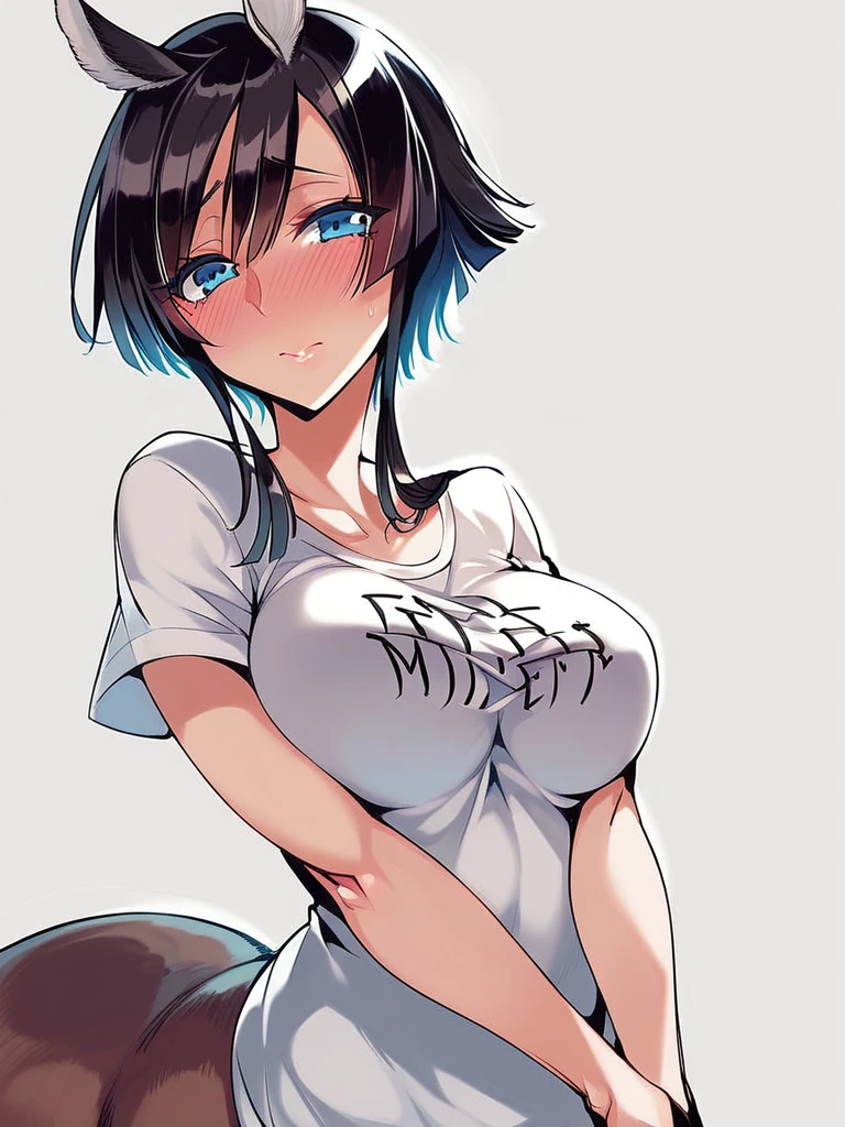 cute dog girl, nsfw, (((showering in a waterfall))), (((big oversized white shorts))), (((no top))), (((no shirt))), (((((hands covering breasts))))), (embarrassed expression), (((grey eyes))), (((focal point))), ((close-up full body shot)), ((dynamic angle)), (long black hair, wet and shiny), (((dripping wet body))), (dog ears), (dog tail), (dog collar), ((detailed water droplets, sunlight filtering through trees)), ((dynamic and beautiful lighting)), BREAK, masterpiece, UHD, detailed and high quality, serene atmosphere, vibrant colors, flowing water, detailed background, joyful mood, intricate details, natural beauty