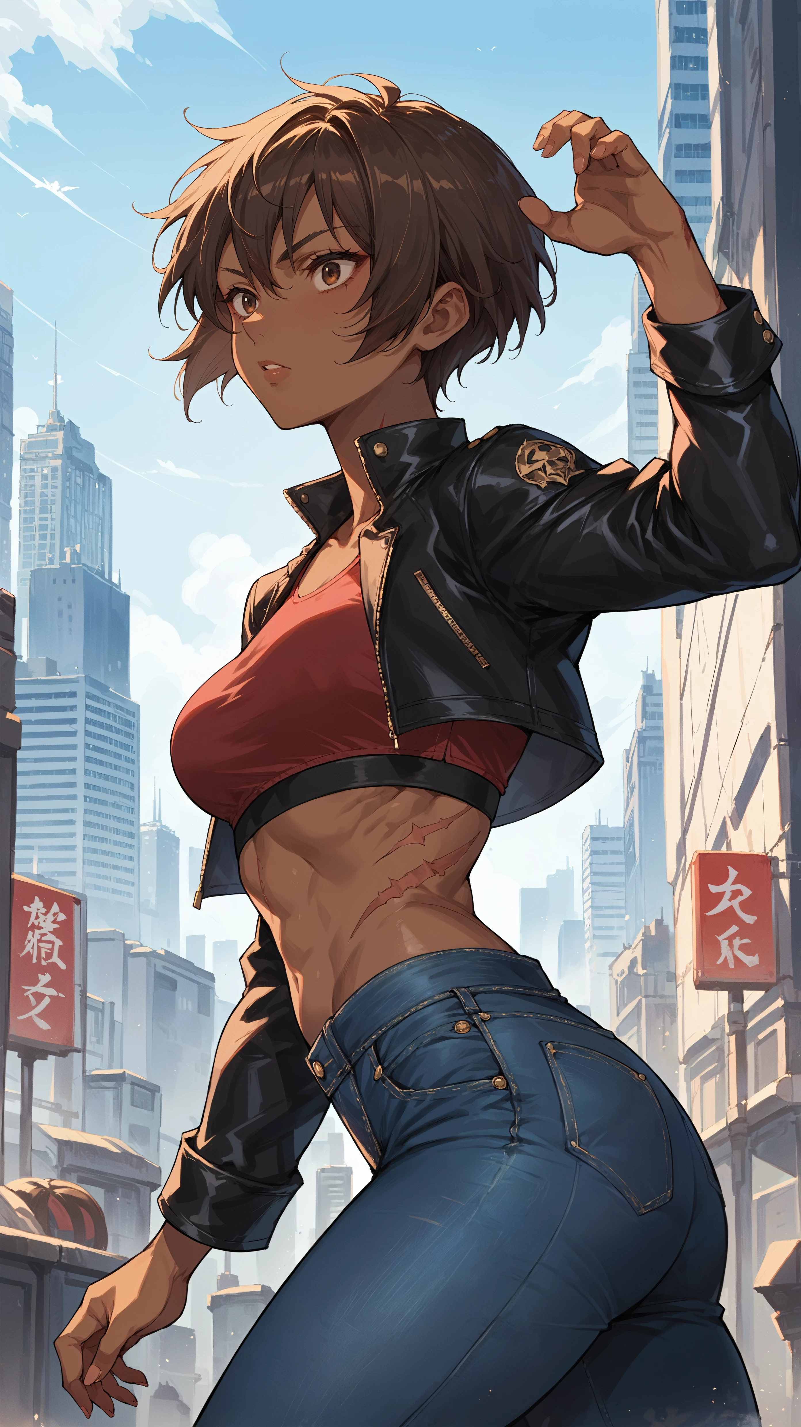 score_9,score_8_up,score_7_up,score_6_up, <lora:xl_more_art-full_v1:0.5>, source_anime, girl, dynamic pose, arms at her side, <lora:Casca - Pony-000004:0.8>, short hair, brown hair, dark skin, brown eyes, black leather jacket, cropped jacket, crop top, red top, jeans, city, modern city, body scars,