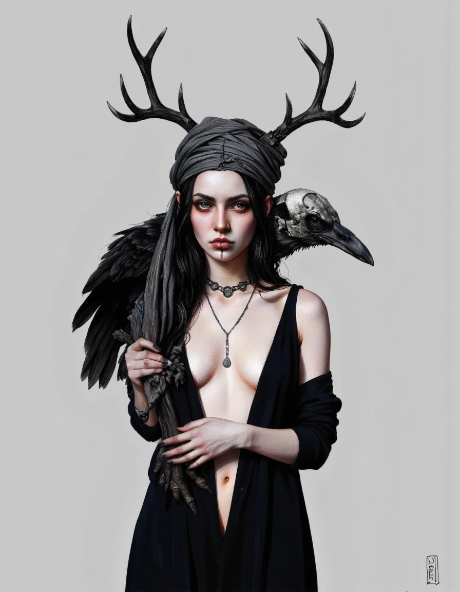 By Laura H. Rubin. A digital illustration shoot from a frontal camera angle about a mysterious woman with antlers and a raven perched on her shoulder. the image also shows a dark, gothic aesthetic. on the middle of the image, a 1woman, who appears to be in her early twenties, with pale skin, long black hair, and a serious expression, is standing with her upper body facing the viewer. she has a slim body and is wearing a black outfit with a plunging neckline, revealing her cleavage. her hair is styled in long hair and is adorned with black antlers on her head. she is also wearing a headscarf and has a necklace around her neck. on her right shoulder, a black raven with a skull-like beak sits on her arm. the background is a plain, light grey color, and the image has a watermark in the bottom right corner. <lora:Laura_H._Rubin:0.8>