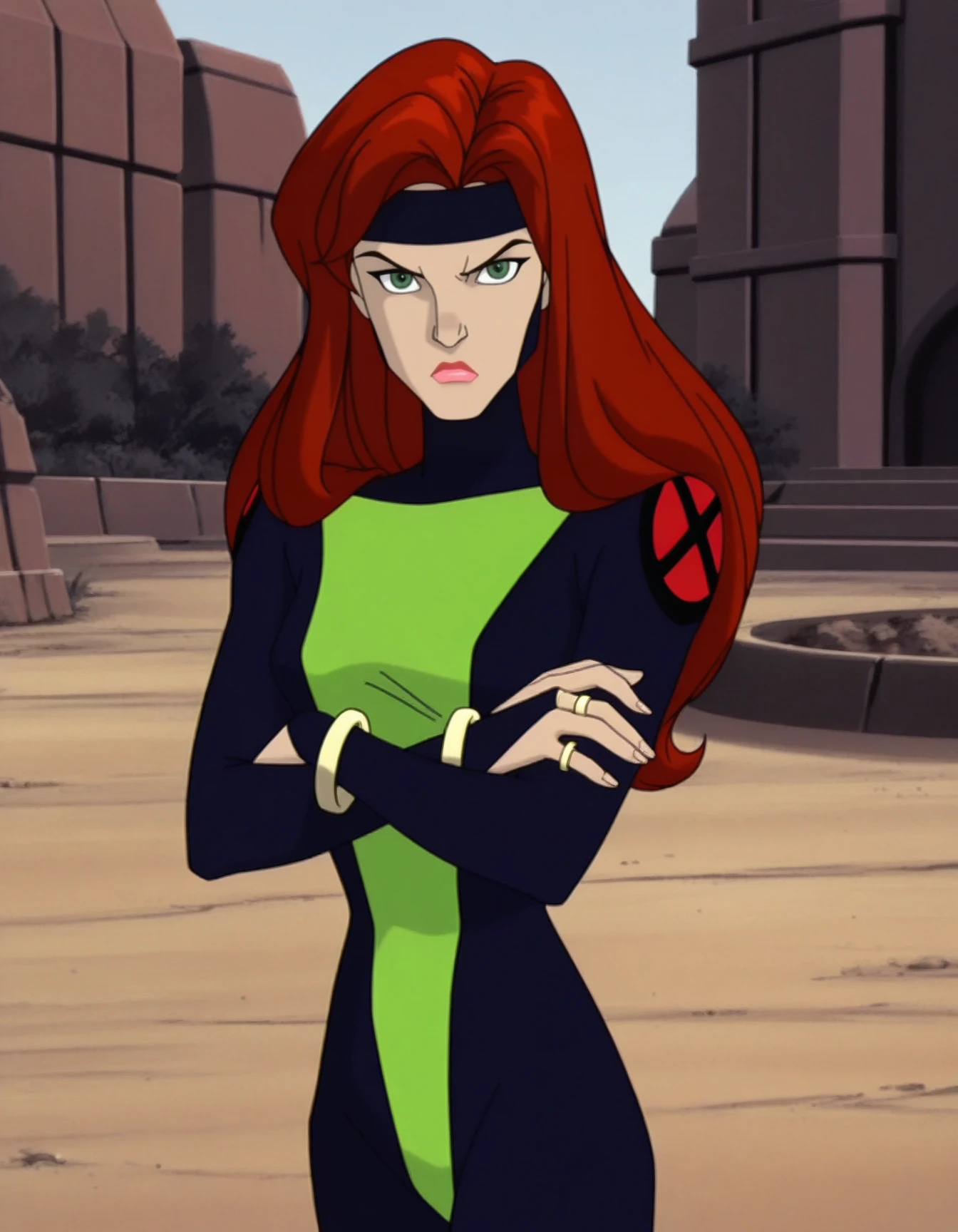 detailed, masterpiece, best quality,
bracelet, headband, bridal gauntlets, bodysuit,
outdoors,
1girl, solo, standing, looking at viewer, crossed arms,
<lora:xmenev-jeangrey:1> xjeanx, red hair, long hair, green eyes, lipstick,