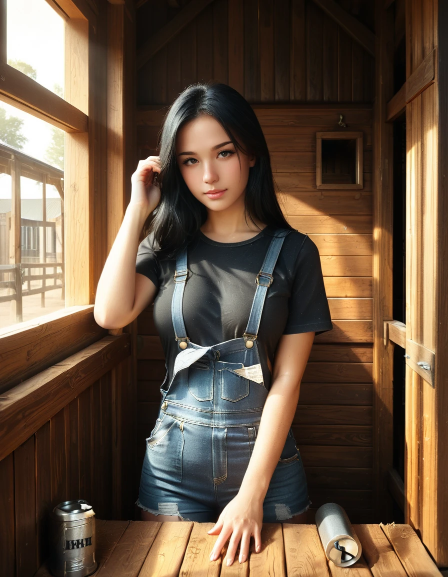 looking at viewer,A woman,straight long black hair, standing inside a rustic horse stall,h0rs3 st4ll, wearing a dusty and slightly worn denim work overall a black shirt. She has a focused expression on her face.The light filtering in through the wooden slats of the barn creates a warm, golden glow, highlighting small specks of dust floating in the air. In the background, the stall walls are made of aged wooden planks, and a horseâs head can be faintly seen peeking through the open top of the adjacent stall. The atmosphere is earthy and authentic, emphasizing rural farm life. The style is realistic with high attention to detail, natural lighting, and a cozy, slightly nostalgic tone.<lora:SDXLFaeTastic2400:0.4> <lora:extremely_detailed:0.4> extremely detailed, <lora:h0rs3_st4ll:1>, Masterpiece,best quality,hi res,8k,hi res,8k,award winning,(sharp focus, intricate, highly detailed),