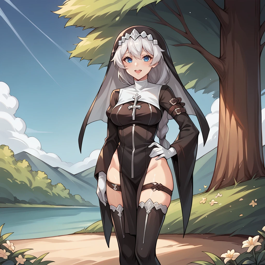 score_9_up, score_8_up, score_7_up, source_anime, 1girl, solo, detailed background, day, sun, sky, clouds, trees, bushes, dense forest, river, flowers, flower bushes, outdoors, mountains, shadow, standing under tree, sweet smile, half-opened mouth, hands on hips, head tilt, cowboy shot,  blue eyes, KalKas, Fol003, Kk_Bss, white hair, long hair, braided ponytail, nun outfit, highleg leotard, alt black leotard, nun, veil, nun veil, black pelvic curtain, alternate gloves, white gloves, alt thigh boots, black footwear, arm belt, white collar, thigh belt, multiple belts, alternate long sleeves, black wide sleeves,