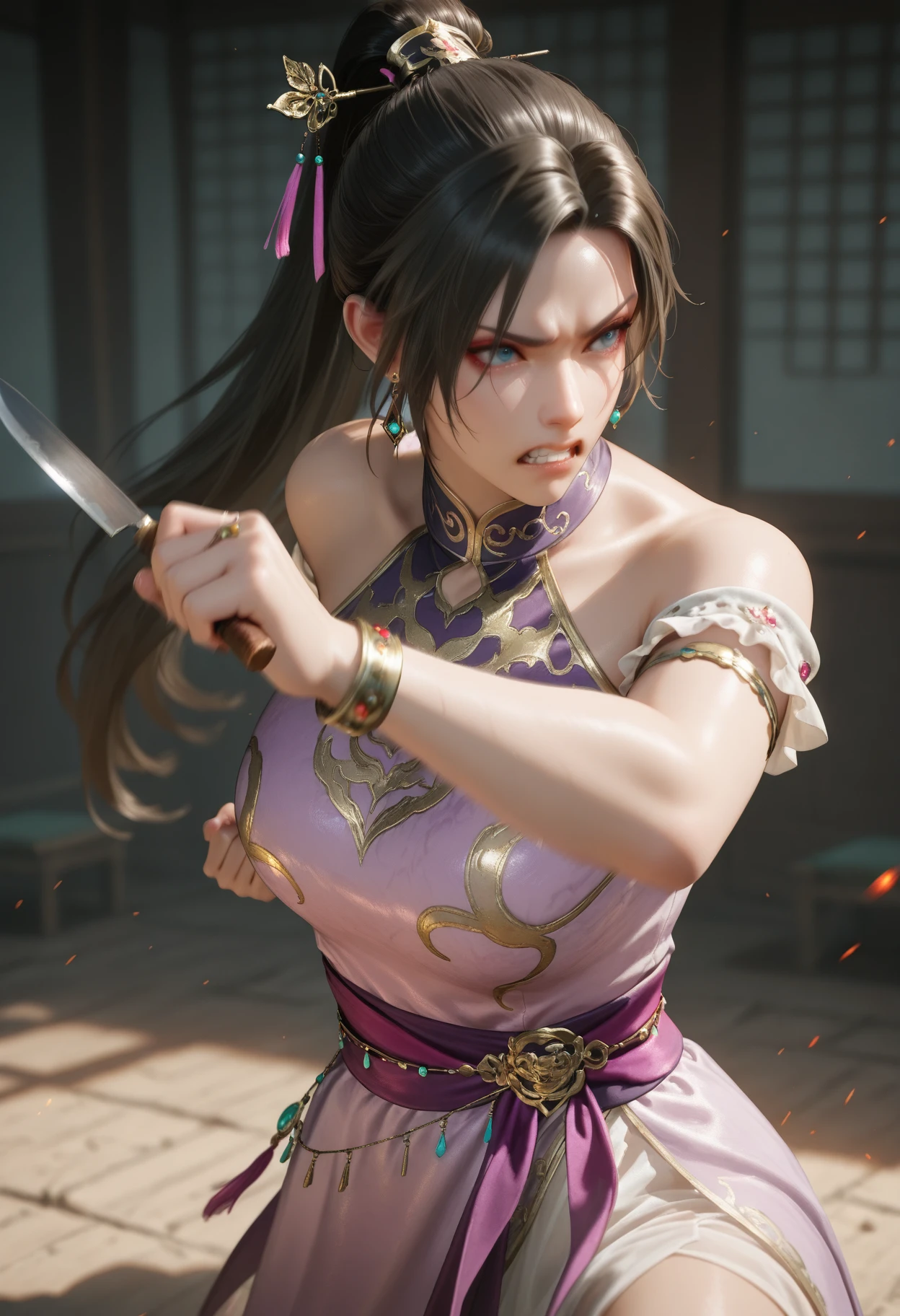 masterpiece, best quality, realistic,
1girl, solo,
 <lora:Diaochan [IL]:0.7> diaochan, 1girl, jewelry, earrings, black hair, blue eyes, long hair, ponytail, hair ornament||, bare shoulders, dress, purple dress, bracelet, chinese clothes,
dark environment, holding knife, frown, clenched teeth,  fighting stance, battle, fight scene, motion blur, 
 <lora:realistic filter [IL]:0.4> realistic