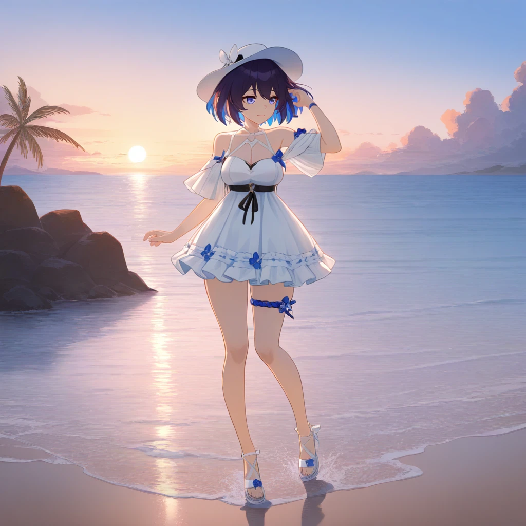 masterpiece, best quality, ultra-detailed, very asthetic, year 2023, very aesthetic, newest, scenery, highres, 4k, absurdres, 8k, colorful,vibrant, glowing, perfect face, 2d, perfect eyes, detailed eyes, 1girl, solo, white sandals, detailed background, day, sun, sky, clouds, beach, ocean, outdoors, palm trees, rocks, pebbles, shallow water, walking, looking to side, hand in hair, full body, angled shot, gentle smile, breeze, windy, short hair, seele vollerei, SelVel, Fol001, Sel_Lil, black hair, blue hair, colored inner hair, off-shoulder dress, alt white dress, underbust, black belt, cleavage, blue butterly, multiple straps, chest strap, white shoulder straps, lace-trimmed skirt, frilled skirt, white skirt, rope thigh strap, hat, white headwear, pleated sleeves, alt white sleeves, masterpiece, best quality, ultra-detailed, very aesthetic, newest, scenery, absurdres, perfect anatomy, perfect legs, perfect face, perfect eyes,
