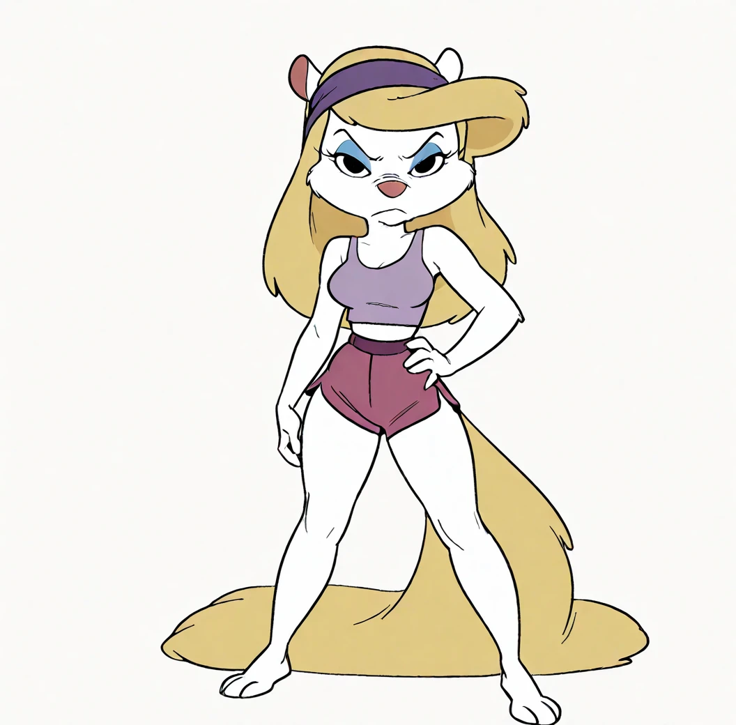 goldie, 1girl, bird girl, long hair, blonde hair, solo, elbow gloves, blue eyes, choker, earrings, ponytail, makeup, fur dress, furry,looking at viewer, smile,full body, hand on own hip, on stage, score_9, score_8_up, score_7_up, score_6_up, on fours, on knees, ass, cameltoe, back view, seductive smile, aroused, 