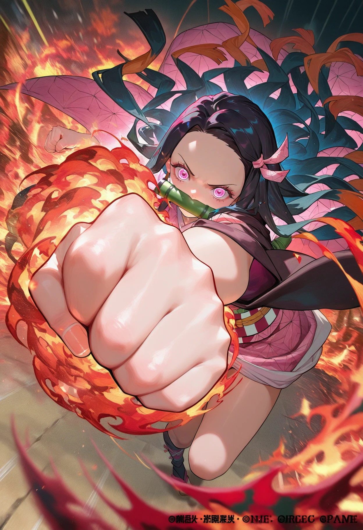 masterpiece, best quality, cinematic lighting, 
1girl, solo,
<lora:One piece card game artstyle [IL]:1.5> opcgstyle, art, official art, concept art , dynamic angle,
kamado_nezuko, kimetsu_no_yaiba, 1girl, black_hair, pink_eyes, sunshine, punching, fire,