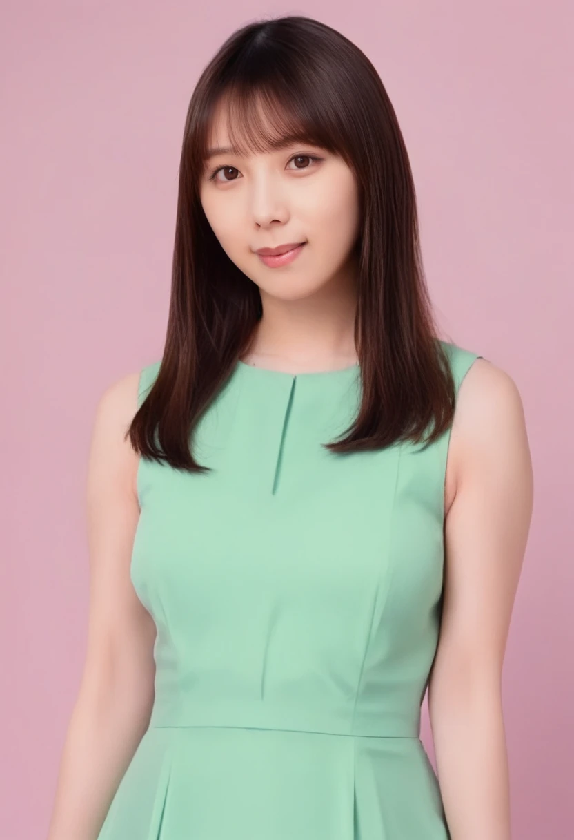 score_9,score_8_up,score_7_up,8k,hd,realistic,real life,(photorealistic),detailed,realism,1girl,solo,perfect lighting,portrait,pale pink background,large breasts,<lora:yodachan_v4_novaa50_3150-000040:1>,yodachan,long hair,looking at viewer,smile,bangs,brown hair,dress,brown eyes,mole,realistic,facing at viewer,(green satin dress),square neck,sleeveless,