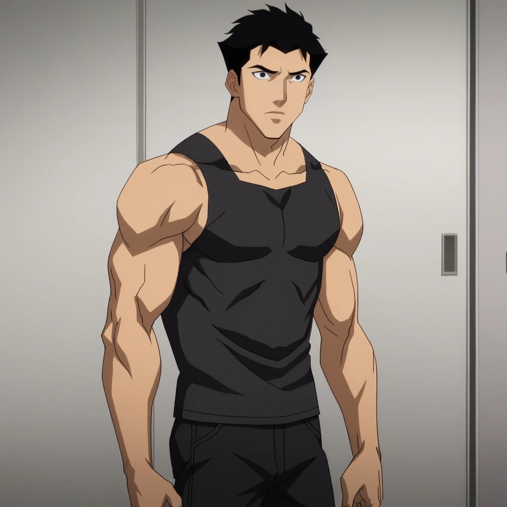 Ugly score_9_up, score_8_up, BREAK, DCAMU, 1boy, solo, black hair, short hair, black eyes, black shirt, black pants, muscular, <lora:DCAMU_Style_PXL_Leaf1:1>, cowboy shot,