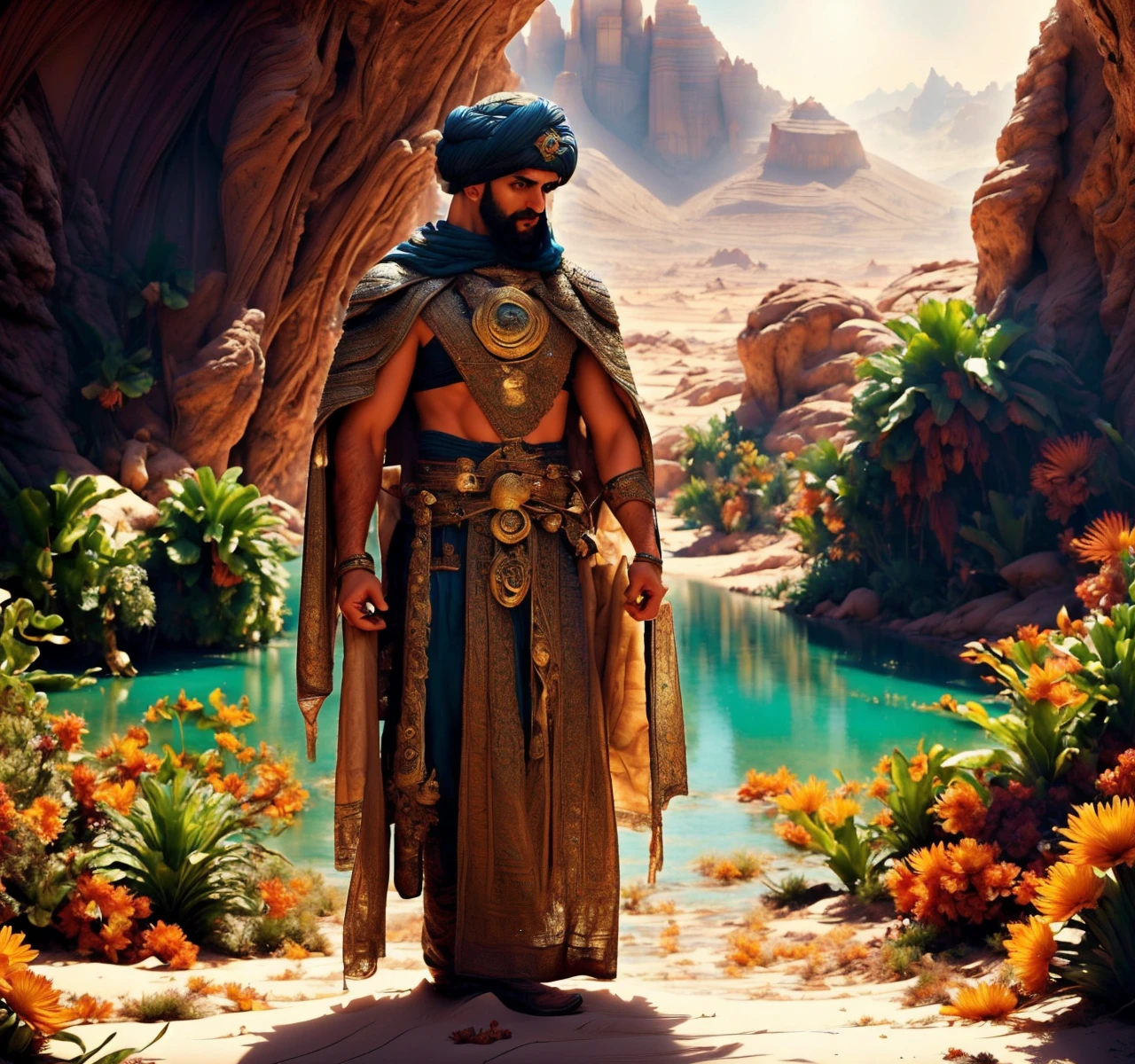 RAW photo, (masterpiece:1.3), subsurface scattering, heavy shadow, (high quality:1.4), (intricate, high detail:1.2), professional photography, HDR, High Dynamic Range, realistic, ultra realistic, photorealistic, high resolution, film photography, ambient lighting, atmospheric effects, <lora:detail_slider_v4:2>, OverallDetail, arar, a man wearing arabian armor, cape, turban, in an oasis, <lora:Oasis:1>, day, flower, mountain, water, outdoors, palm tree, reflection, rock, scenery, shadow, sky, tree, water ,<lora:ArabianArmor:1> ArAr