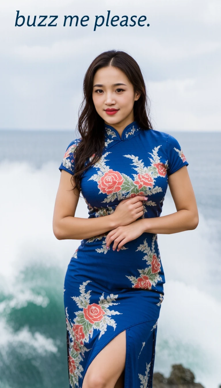 (text "buzz me please" in sky:1.2),20yo beautiful chinese cute girl with blushing and female orgasm,the sidelight outlines her sexy body curves,(the ultimate thin waist:1.3),,she wearing blue cheongsam with floral print,china dress,qipao,--,,--,outdoors,sea,huge wave,lighting,raining,water drop,hurricane,vortex,,<lora:cheongsam_f1_rank4_bf16:1>,<lora:BustyWomen-v3:0.7>,<lora:Flux_My_Wife:1>
