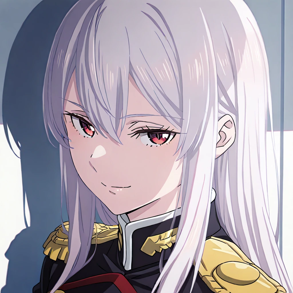 kyouka_uzen, 1girl, solo, uniform, long hair, military uniform, seductive smile, military, epaulettes, looking at viewer, white hair, hair between eyes, red eyes, upper body <lora:KyoukaUzen-IllustXL:1>, (masterpiece),(best quality),(ultra-detailed),(best illustration),(best shadow),(absurdres),(detailed background),(very aesthetic),