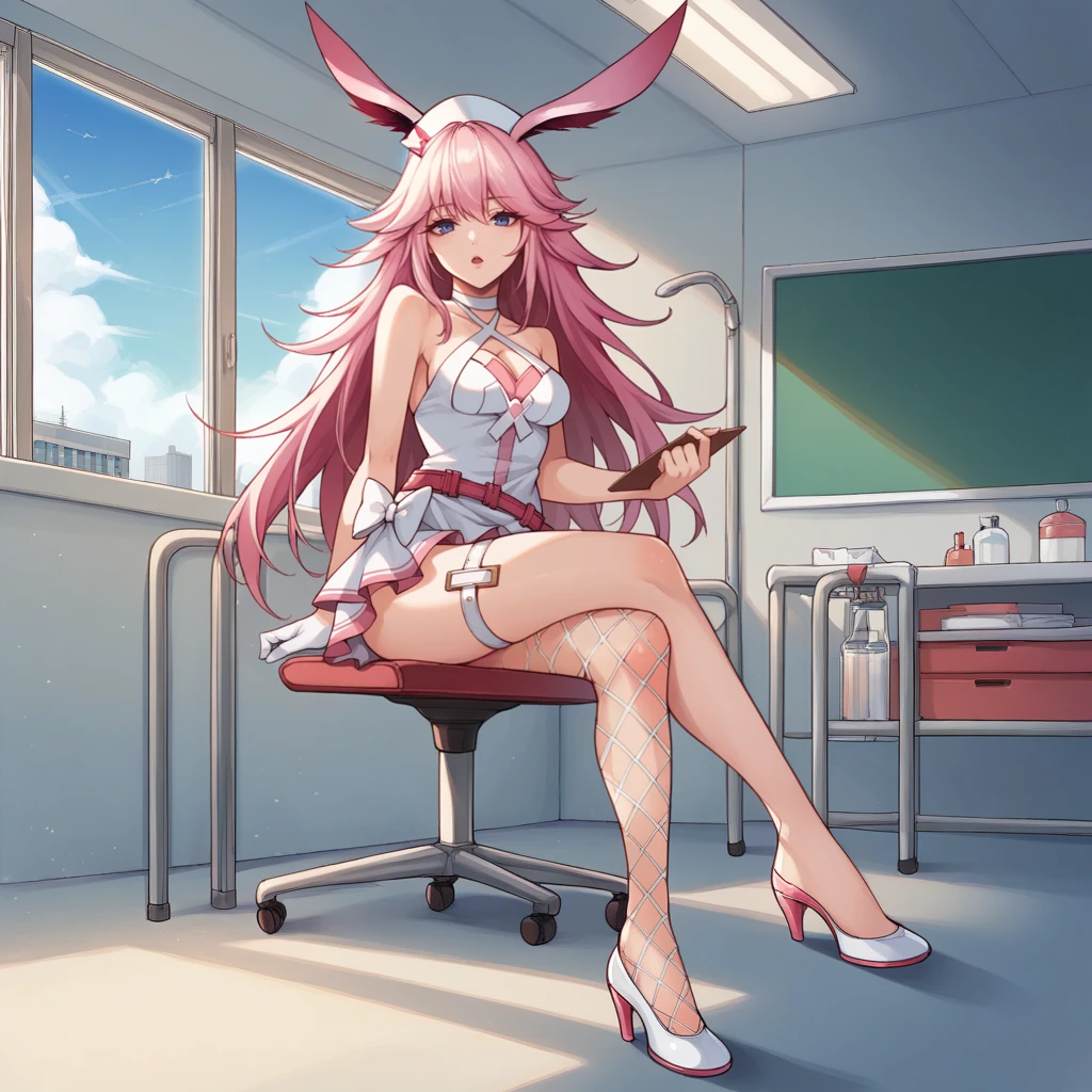 masterpiece, highest quality,beautiful eyes, beautiful hair, beautiful face, beautiful skin, solo, 1 girl, anime girl, curvy, beautiful breasts,shiny skin,shining eyes, smooth skin, soft skin, bare legs, high heels, embarrassed, (Purple and white bunny girl), (bare shoulder:1.3), erect nipples, High leg, full body