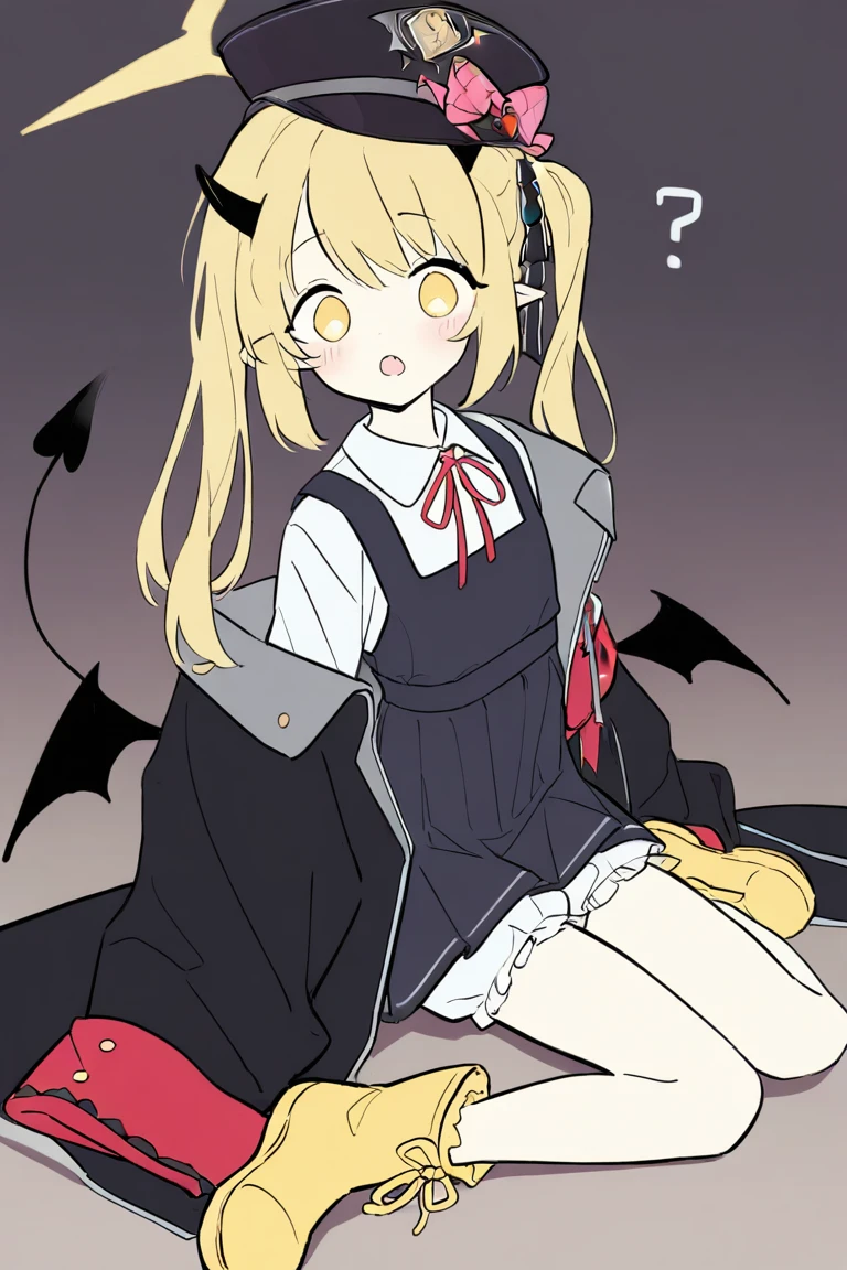 <lora:moa_(fade64222)_nb11-xl-re1-000017:1>,masterpiece,best quality,1girl,ibuki \(blue archive\),yellow footwear,solo,bloomers,yellow eyes,blonde hair,tail,yellow halo,white bloomers,wings,halo,shirt,white shirt,black tail,boots,open mouth,hat,black headwear,pinafore dress,demon tail,?,long hair,demon wings,sleeves past fingers,horns,collared shirt,dress,ribbon,sleeves past wrists,coat,peaked cap,black coat,blush,sleeveless dress,sleeveless,black dress,long sleeves,black wings,sitting,demon horns,black horns,neck ribbon,black ribbon,wariza,low wings,open clothes,red ribbon,hair ribbon,open coat,looking at viewer,side ponytail,hat bow,