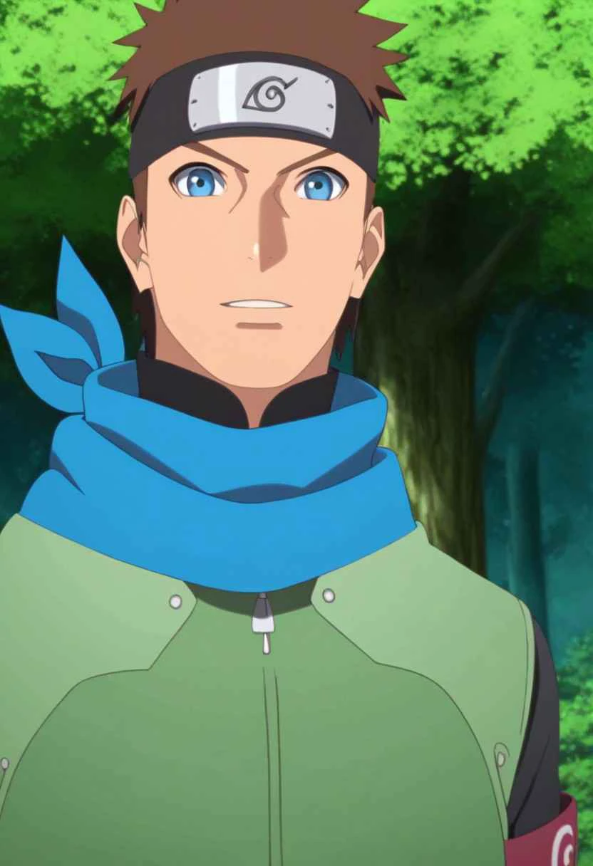 (score_9, score_8_up, score_7_up), 1boy, Konohamaru, Konohamaru Boruto, male, muscular male, long blue dark sleeve, solo, outdoors, blue eyes , male, solo, looking at viewer, perfect face:01, official style, official art, ninja, jacket, blue scarf, brown hair, armband, headband