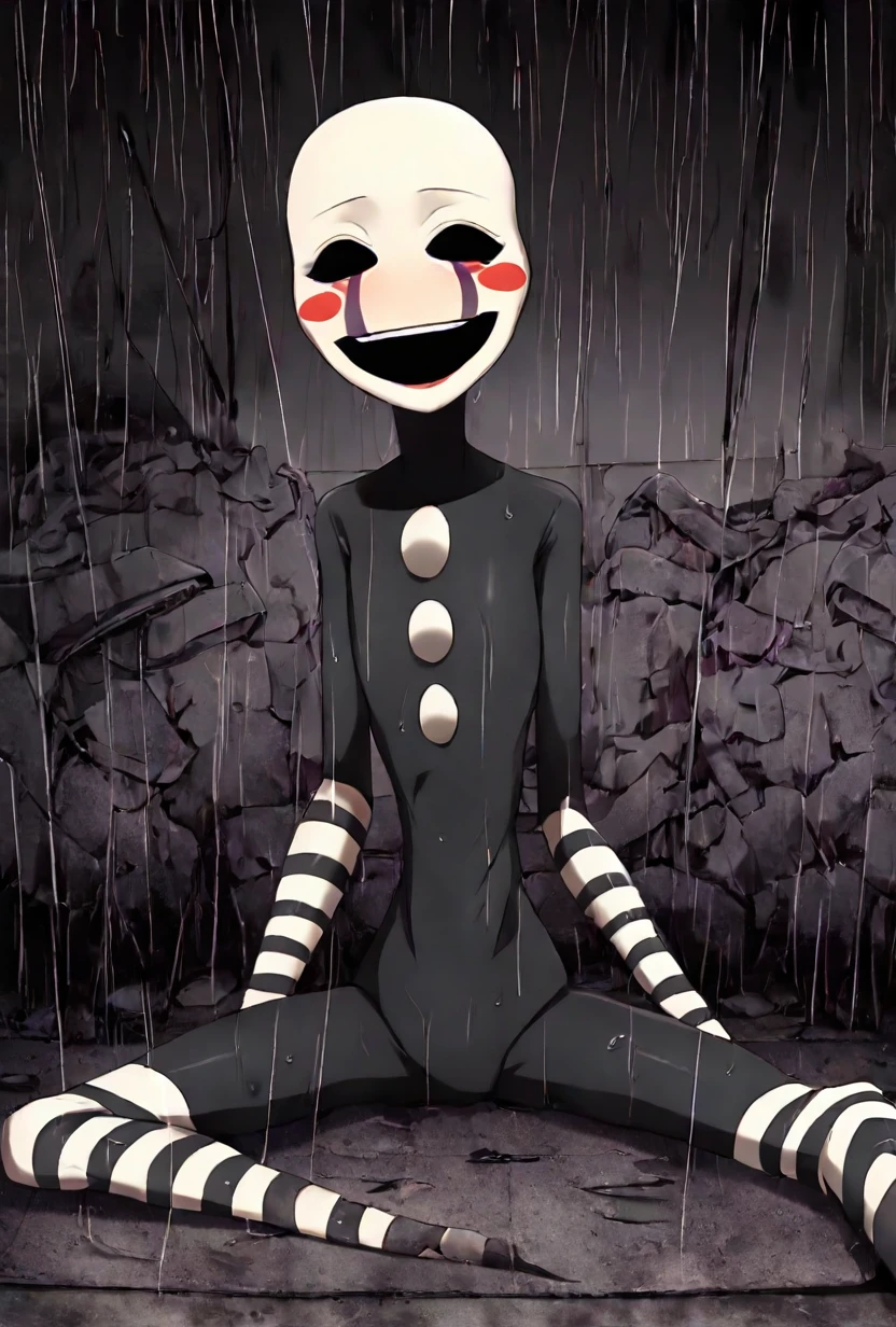 <lora:puppet-10:1> puppet, solo, 1girl, mask, black bodysuit, smile, open mouth, blush stickers, striped, purple tear streaks, slender, skinny, long limbs, horror scene, no pupils, abandoned alleyway, sitting on floor, small eyes, rain, dark scene,, masterpiece, best quality, amazing quality, very aesthetic, absurdres, newest,
