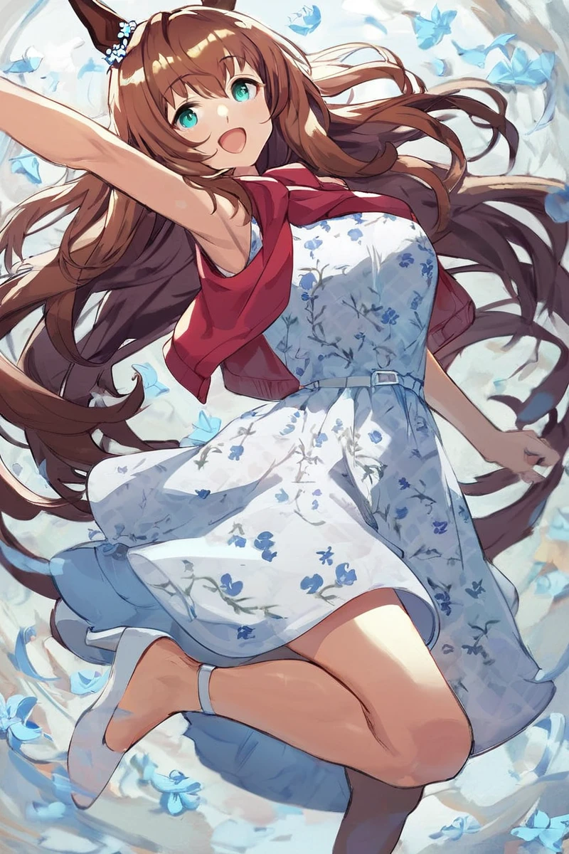 score_9, score_8_up, score_7_up, rating_safe, masterpiece, best quality, absurdres, source_anime,
maruzensky \(umamusume\), 1girl, horse ears, horse tail, arm up, full body, smile, sleeveless, open mouth, standing on one leg, standing, looking at viewer, :d, white pumps, floral print blue white sleeveless sundress, casual, blue white ear ornament, tying red cardigan on shoulders
<lora:pony_maruzensky_v1.0:1>