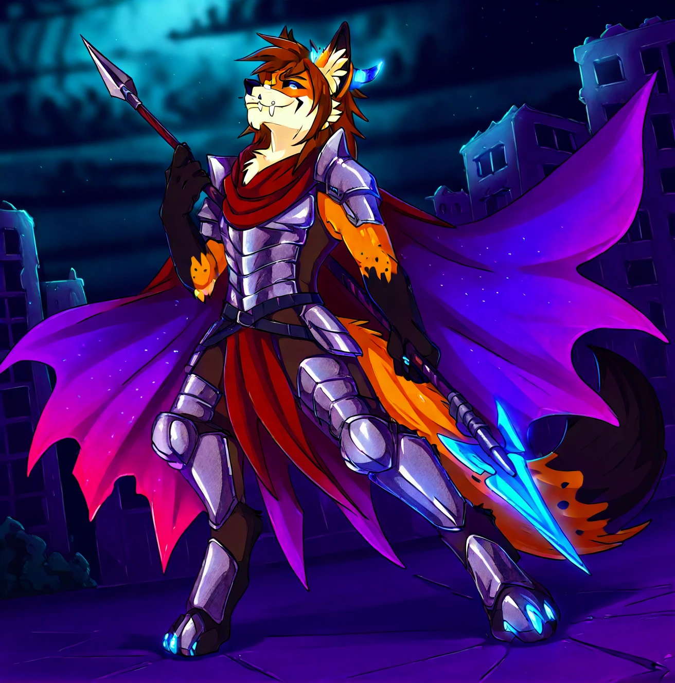 front ground up angle shot,up close,throwing off cape holding spear other hand,source_furry,furry,male focus,fox_boy,vilefox falling from sky,full armor,holding spear,smug,blue eyes,black sclera,cheek fluff,stunning dynamics,(colorful:1.2),mid-evil,building_ruins,<lora:VilefoxV4:0.8>,full body,3/4 view,ground up shot,tilt-shift,black tail tip,body fluff,fang,mane flared,