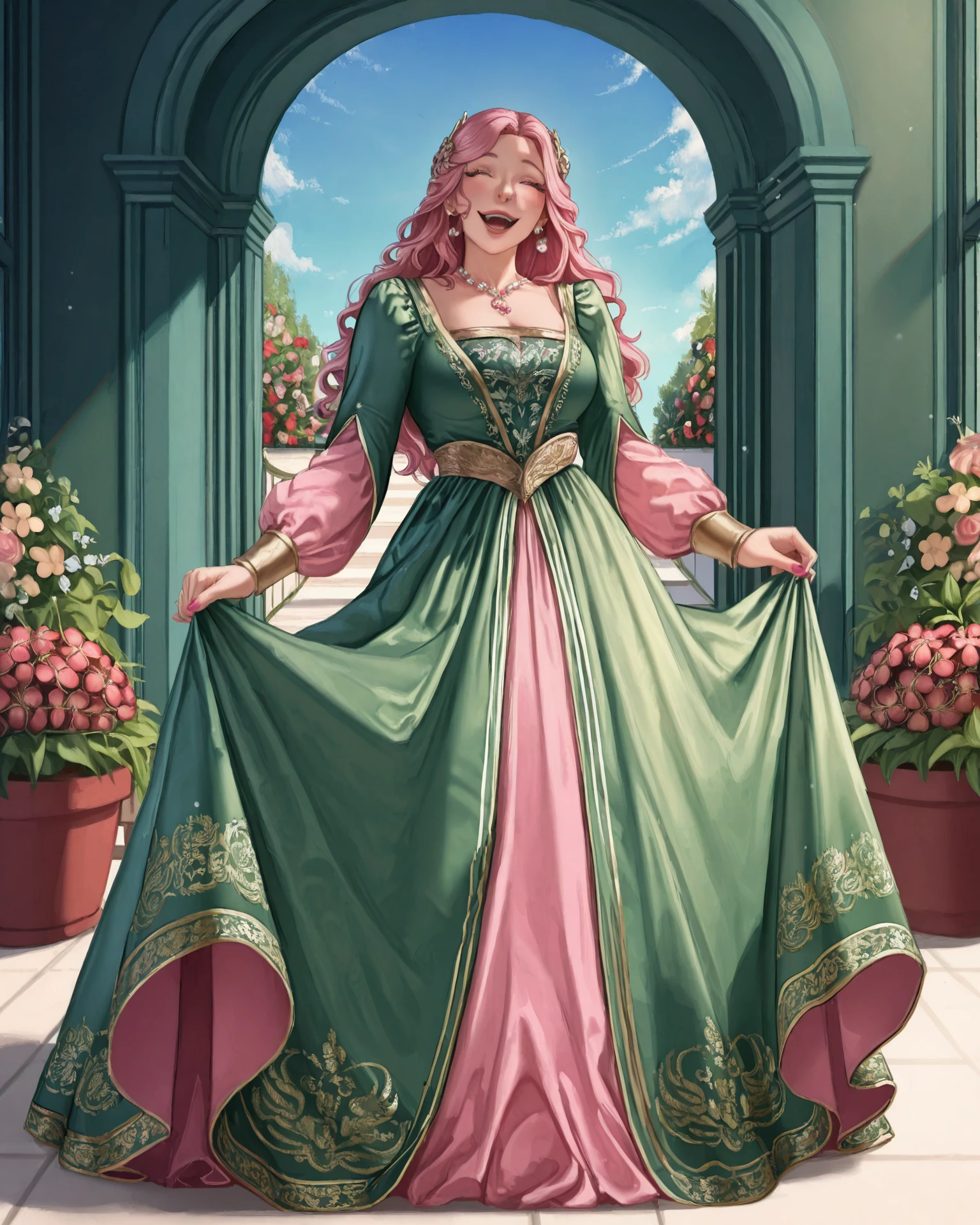 1girl, wearing medfa, medfa clothing, waist-up, long hair, green and pink clothing, excited, joyful, curtsey, flower garden, archway, delicate pearls, beautiful sky, long lashes, extremely detailed clothing, jacquard fabric, gold embroidery, gentle eyes, masterpiece, highest quality, absurdres, digital art, very detailed, 8k, best quality, high resolution, <lora:Medieval_Fashion_Illustrious:1.1>, <lora:EclipticaILXL:1> 3cl1pt1ca