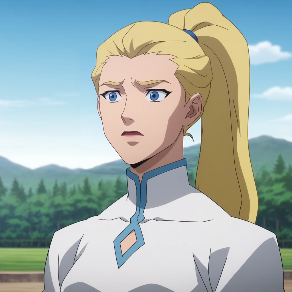 Ugly score_9_up, score_8_up, BREAK, DCAMU, 1girl, solo, blonde hair, high ponytail, blue eyes, white dress, upper body, <lora:DCAMU_Style_PXL_Leaf1:1>, outdoors, blue sky, anime screenshot,